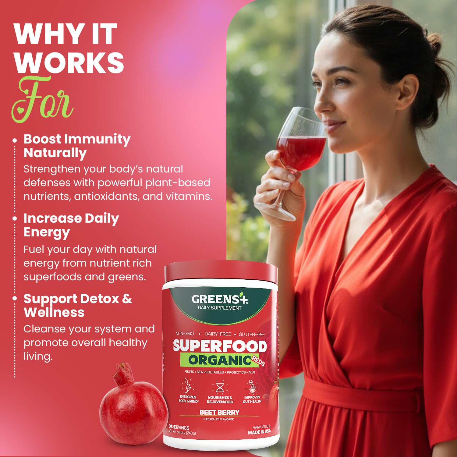 Greens+ Organic Reds Superfood Powder, Antioxidant, Polyphenol, Blend for Morning Kick, Energy, Vitality Boost, Nutrition, Vibrant Health, Vegan Soy/Dairy/Gluten Free(8.46oz) Greens+Au supplements