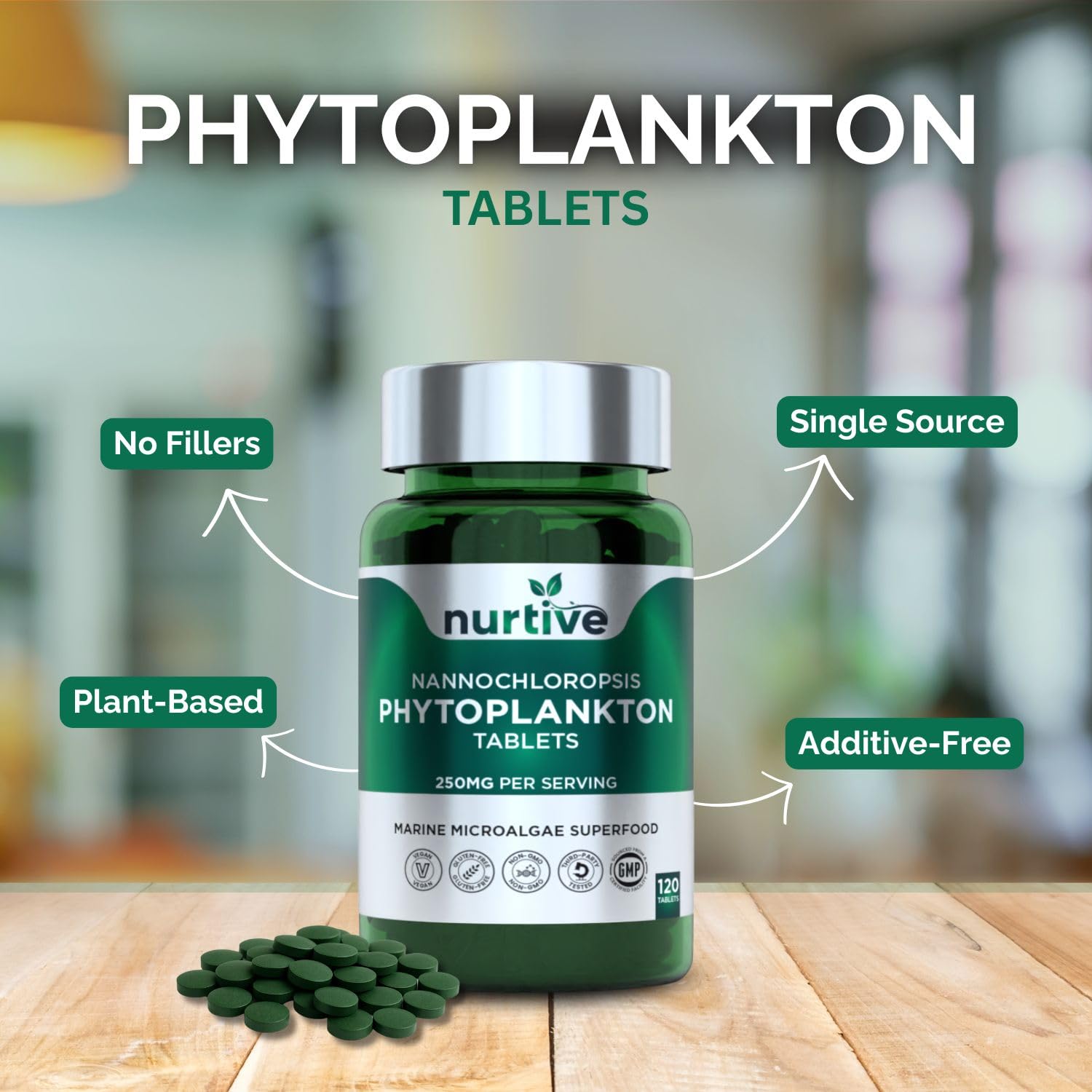 NURTIVE Nannochloropsis Phytoplankton Tablets – 250mg per Serving – Vegan, Gluten-Free, Non-GMO, No Fillers – Third-Party Tested, GMP Certified – 2 Tablets/Day for 2 Month, 120 Tablets/Bottle NURTIVEAu supplements