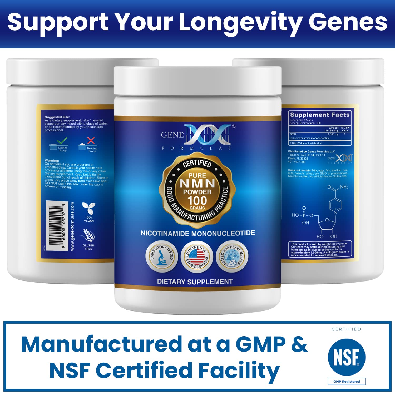 Genex Formulas Pure NMN Powder 100 Grams, Instant Dissolve, Shelf Stable, Non-Synthetic, PVP Free, Ultra-Low Density, 99.9% Pure NMN, Made in a US-Based, GMP, NSF & FSSC 22000 Certified Facility Genex FormulasAu supplements