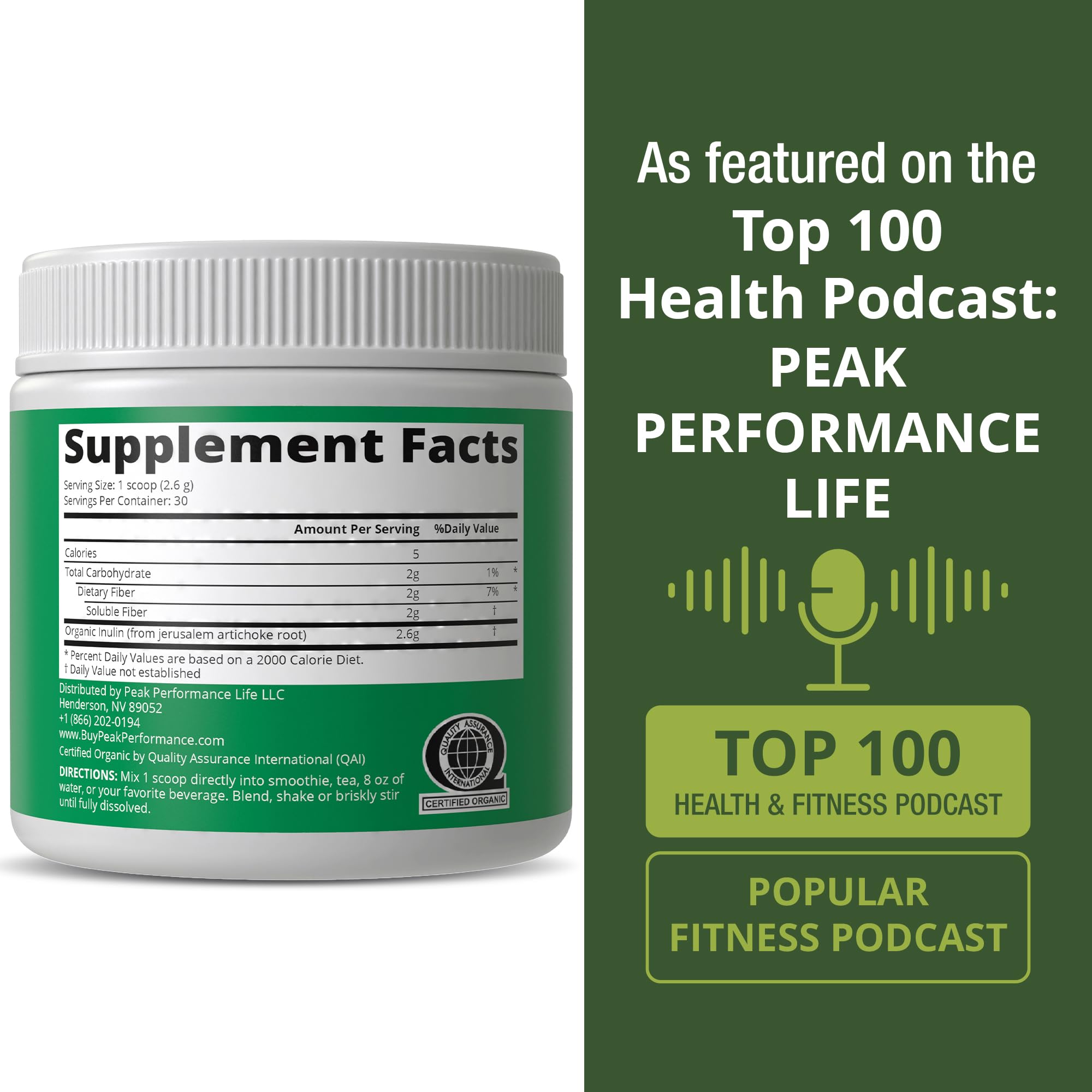 Peak Performance Organic Inulin Powder Natural Prebiotic Fiber for Gut Health. USDA Organic Raw Plant Based Vegan Prebiotics FOS Supplement from Jerusalem Artichoke Peak PerformanceAu supplements