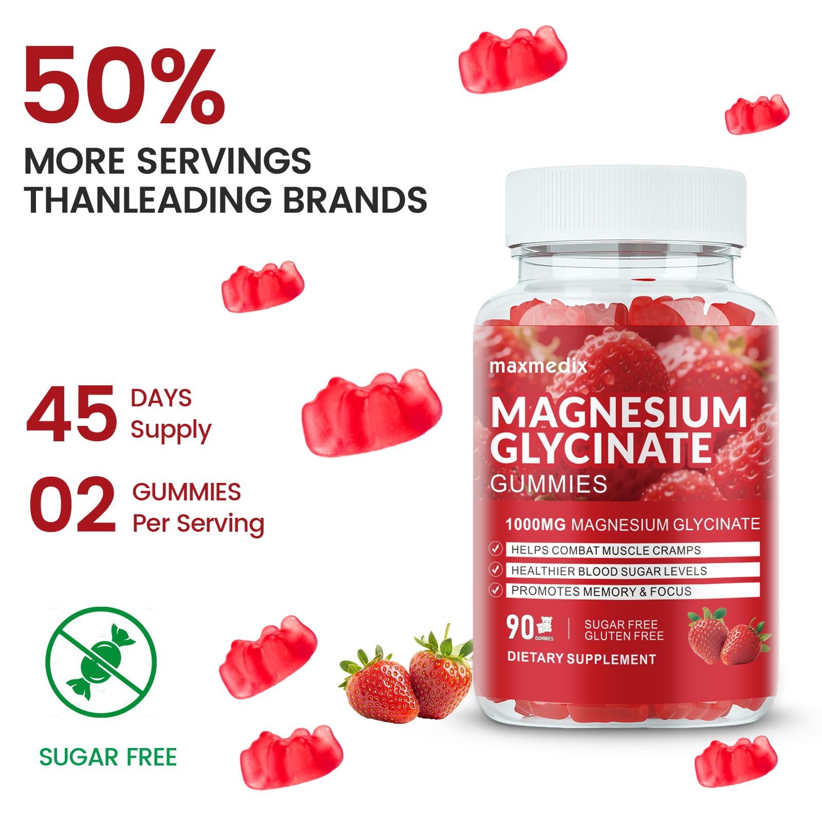 Magnesium Glycinate Gummies 1000mg, Sugar Free Magnesium Potassium Supplements Chewable for Adults with L-Threonate for Sleep, Body Support and Relaxation,90 Strawberry Gummies maxmedixAu supplements