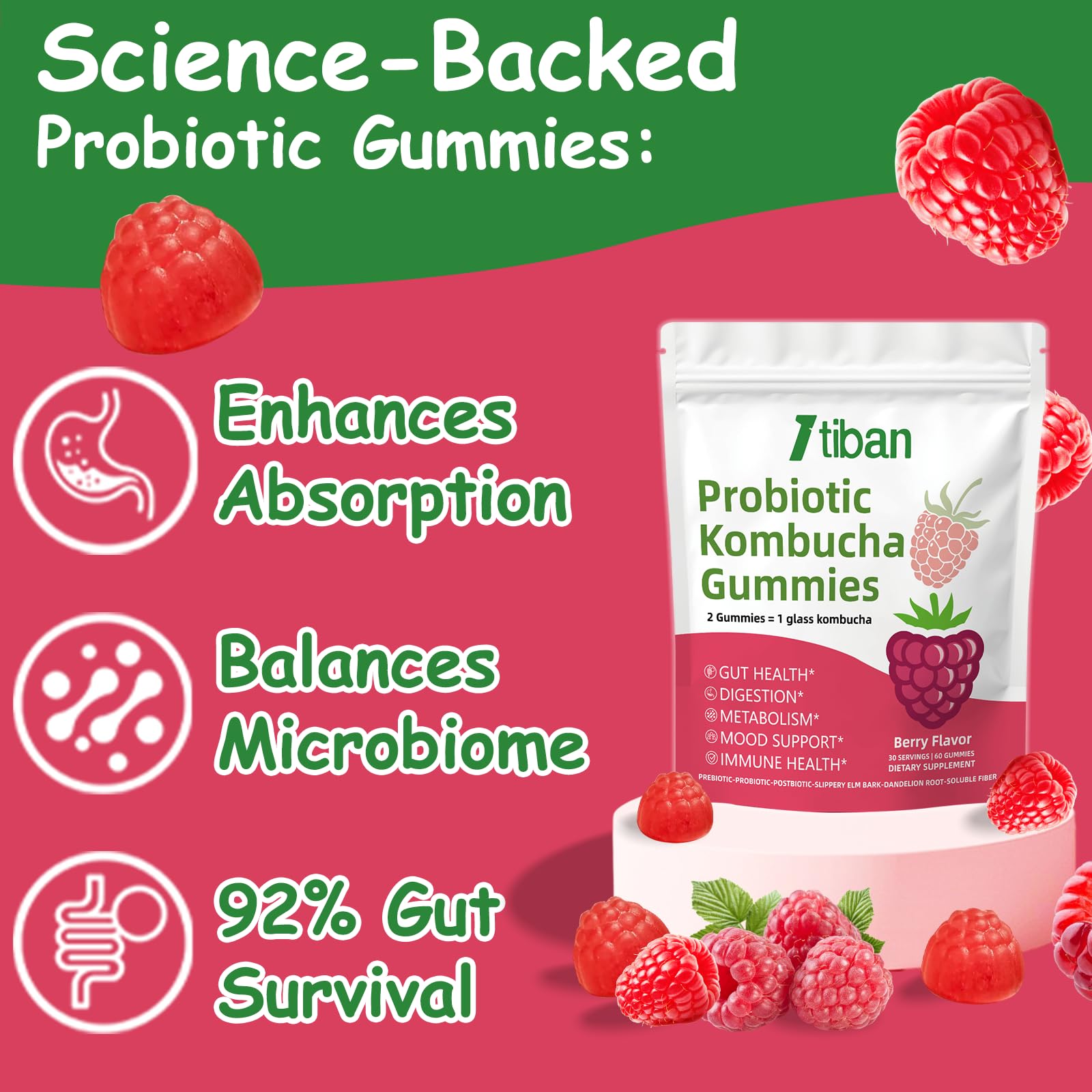 Itiban Probiotic Kombucha Gummy - Prebiotics, Probiotics, Postbiotics, Fiber Supplement, Slippery Elm for Bloating, Gut Health, Women and Men, 60ct ItibanAu supplements
