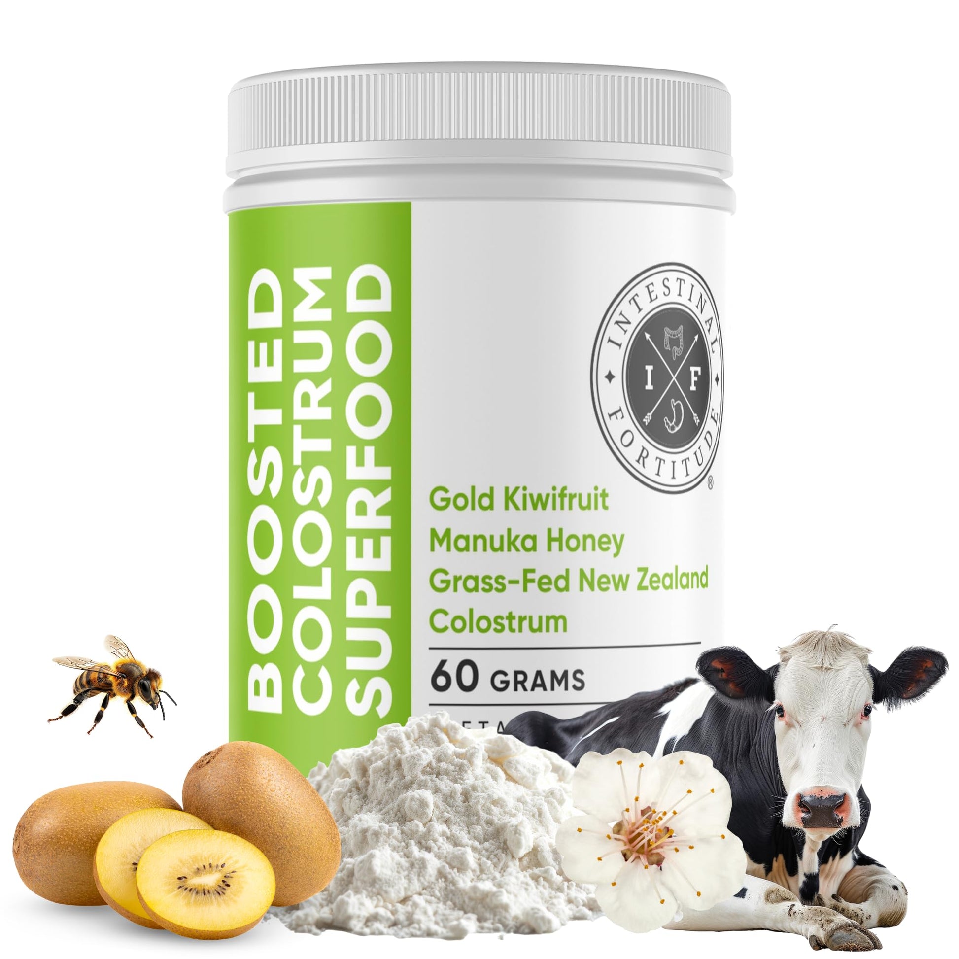 Intestinal Fortitude Boosted Colostrum Superfood Dietary Supplement: Grass-Fed New Zealand Bovine Colostrum, Gold Kiwifruit, Manuka Honey, for Digestion, Immune System, and Gut Health (60 Grams) Intestinal FortitudeAu supplements