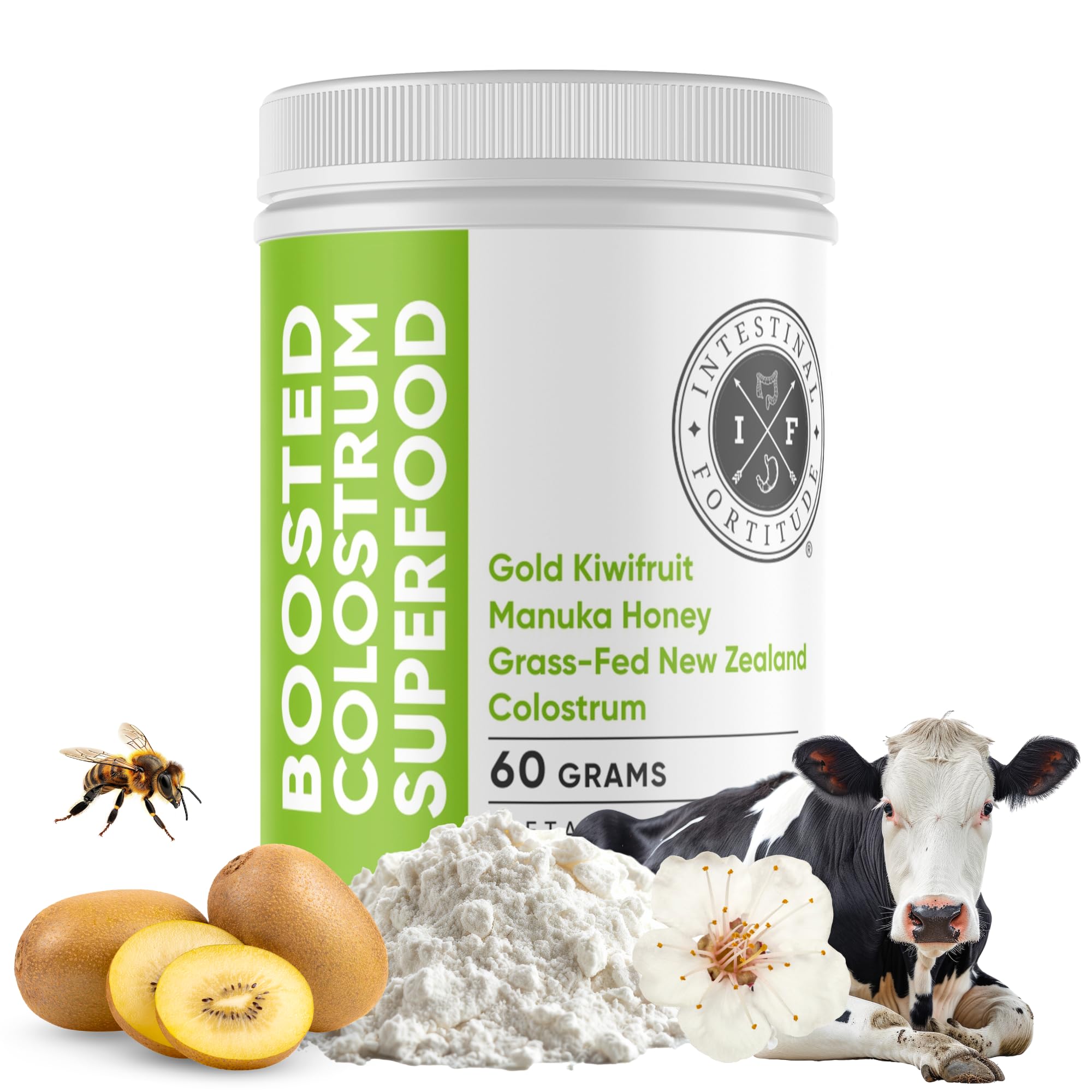 Intestinal Fortitude Boosted Colostrum Superfood Dietary Supplement: Grass-Fed New Zealand Bovine Colostrum, Gold Kiwifruit, Manuka Honey, for Digestion, Immune System, and Gut Health (60 Grams) Intestinal FortitudeAu supplements
