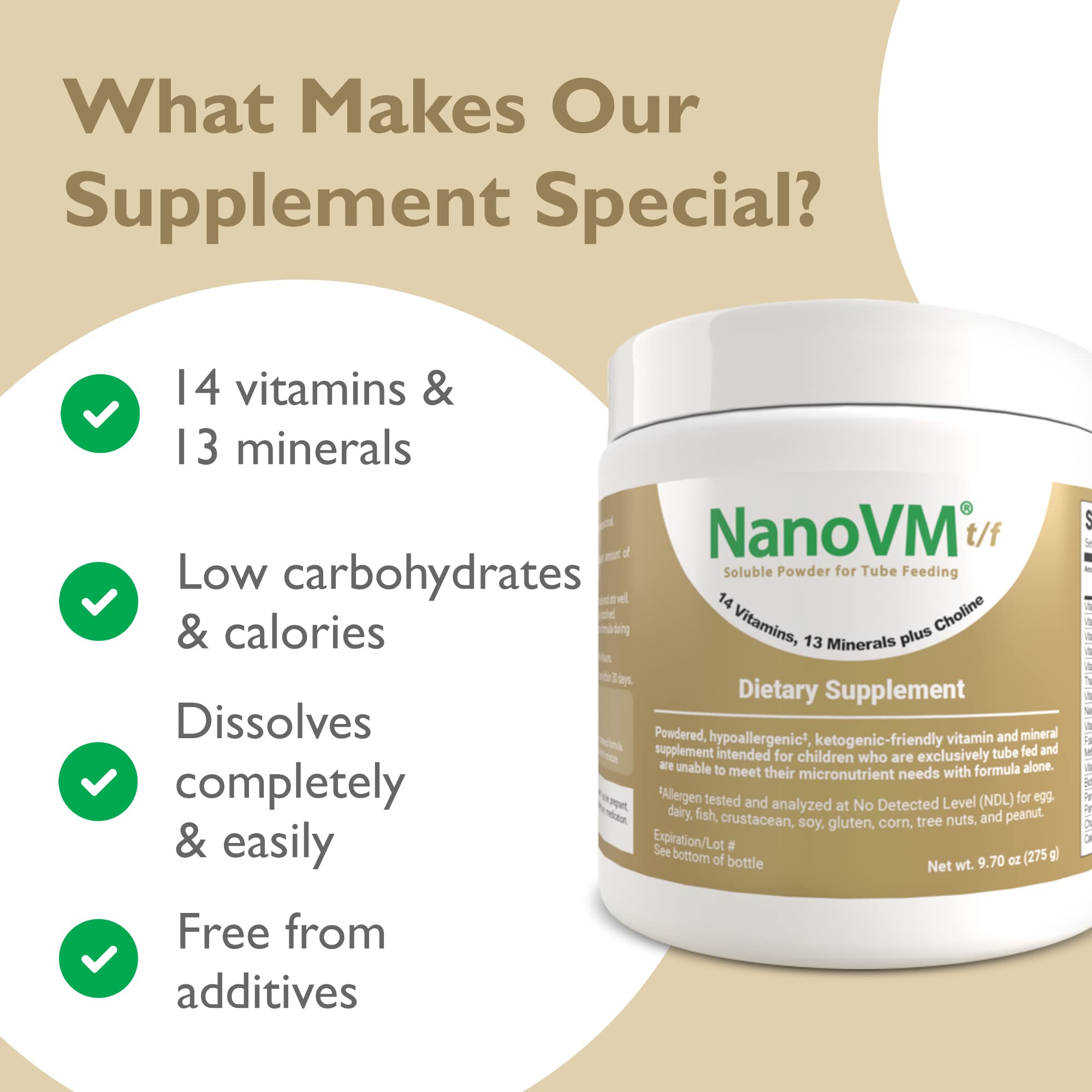 NanoVM t/f, Dietary Supplement for Tube Feeding, Allergen-Free Kids Multivitamin, Unflavored Vitamin Powder with 14 Vitamins & 13 Minerals, Low-Carb Kids Vitamins, 275g - Solace Nutrition NanoVMAu supplements