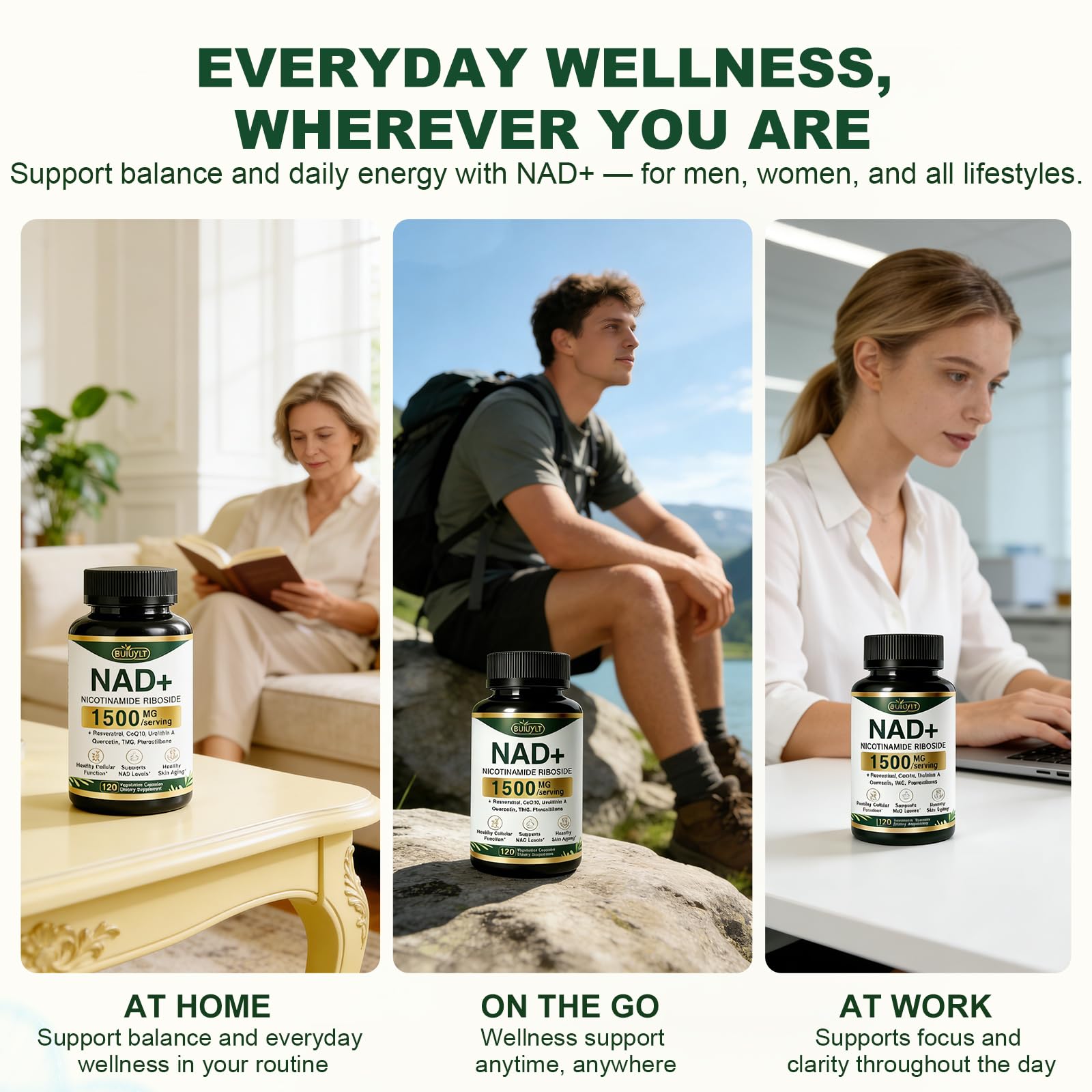 BUIUYLT NAD+ Supplement 1500mg, NR NMN Replacement with Resveratrol, Urolithin A, CoQ10 & Quercetin for Cellular Energy, Healthy Aging & Stamina for Women & Men - 120 Capsules BUIUYLTAu supplements