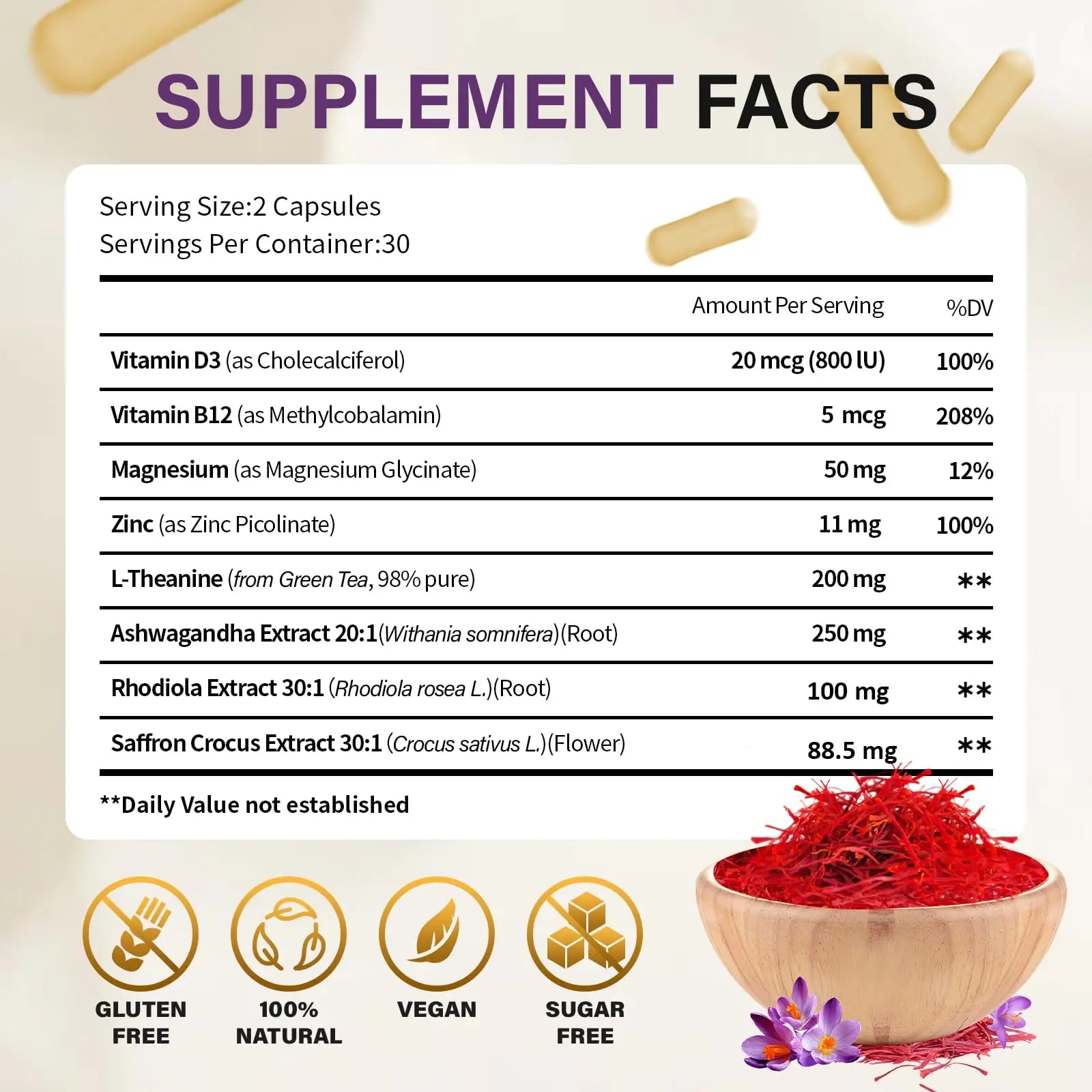 Theronika Aly Saffron Supplements – Blend with Ashwagandha, Safron, Rhodiola, Magnesium, L-Theanine, Zinc & B12, 88.5 mg Pure Saffron Extract Capsules Mood, Energy, Vision & Focus – 60 Vegan Capsules Theronika Alynz supplements
