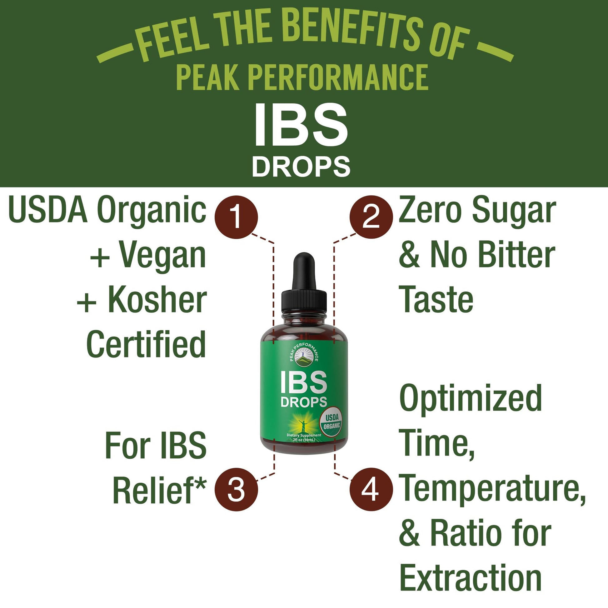 USDA Organic IBS Relief 5-in-1 Liquid Drops. for Ingestion, Bloating, Gas. Irritable Bowel Supplement with 5 Organic Ingredients. Peppermint Oil, Fennel Seed, Chamomile Flower, Rosemary, Holy Basil Peak PerformanceAu supplements