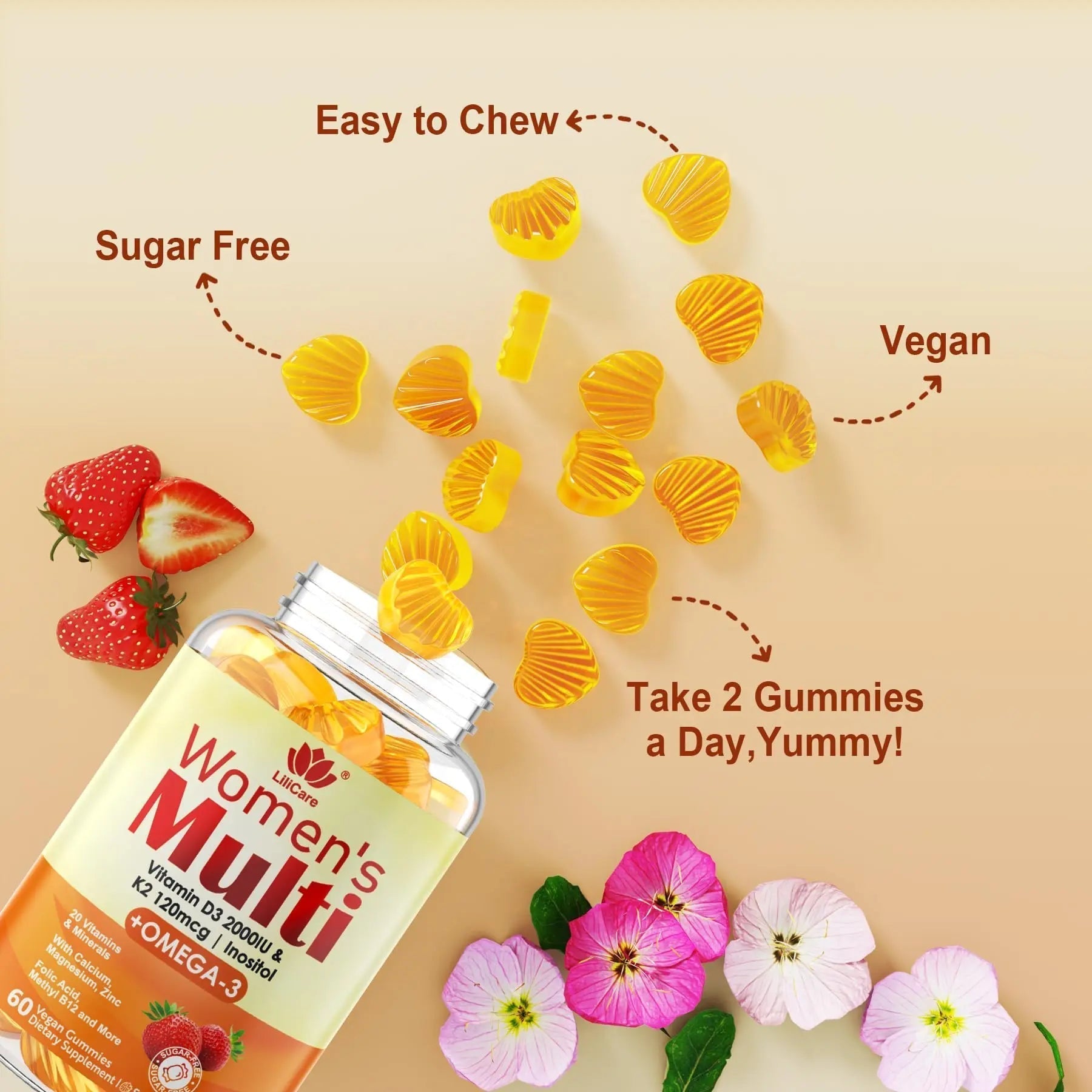 Womens Multivitamin Gummy with Omega 3（DHA/EPA), Vitamin D3 K2, Calcium, Inositol, Daily Womens Vitamin A C E B Complex LILICAREAu supplements
