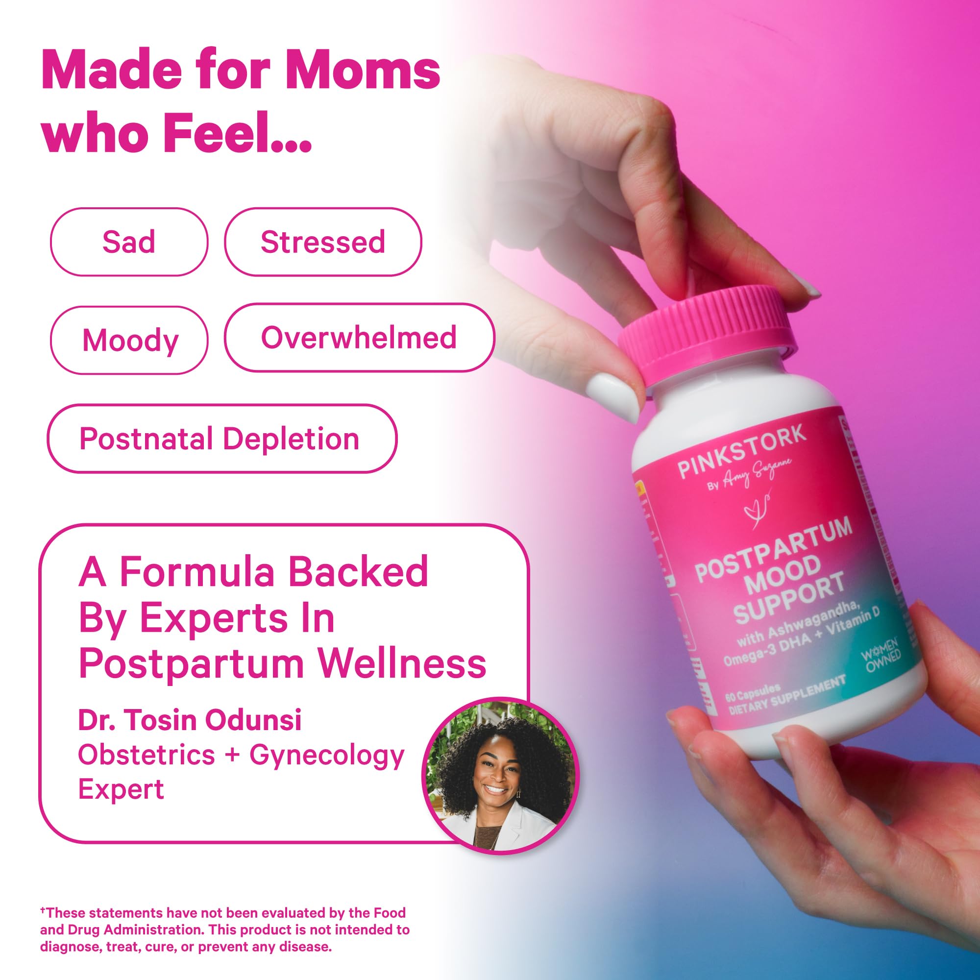 Pink Stork Postpartum Mood Support - Postnatal Hormone Balance for Women - Breastfeeding Friendly - Stress & Cognitive Support, New Mom Essentials - Ashwagandha, Chamomile, & Vitamin D, 60 Capsules Pink StorkAu supplements