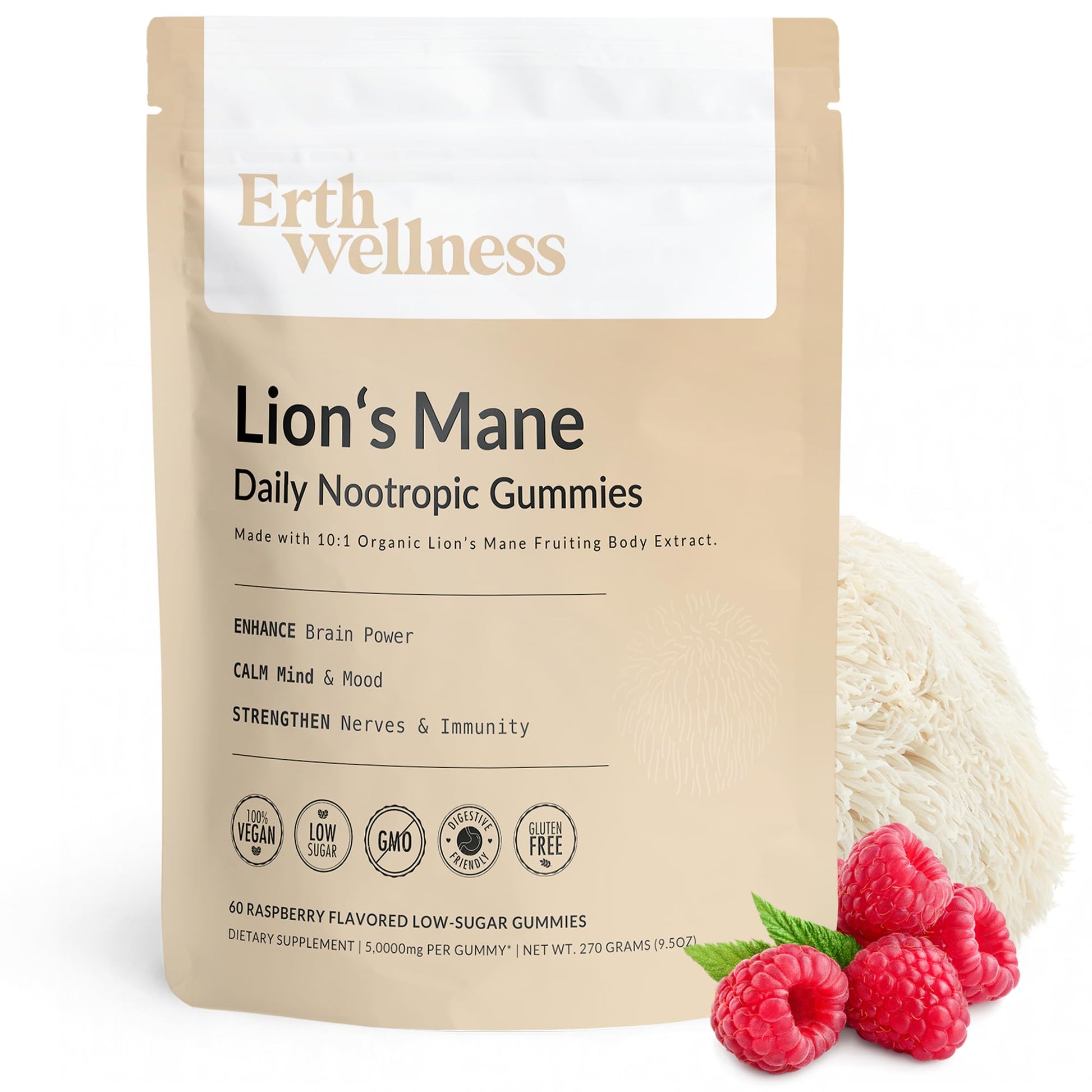 Erth Wellness Lion’s Mane Mushroom Gummies – 10,000mg Fruiting Body Extract per Serving – Brain & Focus Support – Daily Nootropic – Vegan, Low Sugar, Non-GMO – 60 Ct Erth WellnessAu supplements