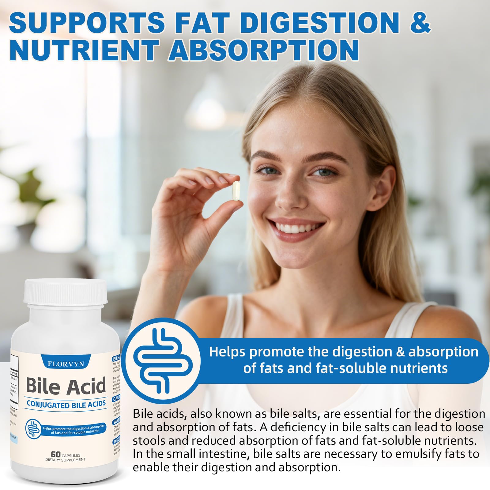 Florvyn Conjugated Bile Acid Supplement 1000mg – Supports Fat Digestion & Absorption of Fats & Fat-Soluble Nutrients, Gut Comfort & Nutrient Utilization, 60 Capsules, 30 Day Supply FlorvynAu supplements
