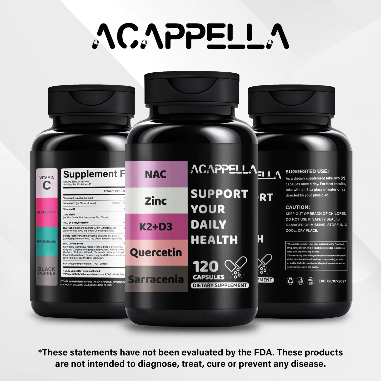 ACAPPELLA N-Acetyl Cysteine Vitamin D3 K2 Zinc Quercetin Sarracenia Purpurea NAC Supplement with Elderberry Holy Basil Bee Propolis Bromelain L-Lysin for Men & Women (1) ACAPPELLAAu supplements