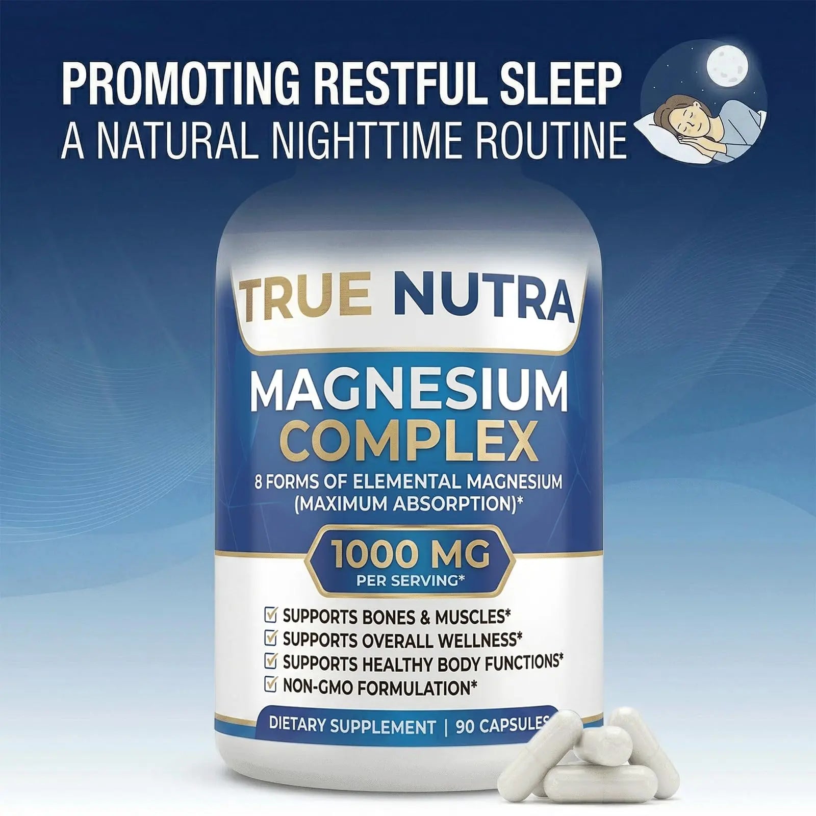 True nutra Magnesium Complex，Advanced 8-in-1 Magnesium Blend，Glycinate, Citrate, Malate, Taurate etc，High Formula，90 Capsules true nutranz supplements