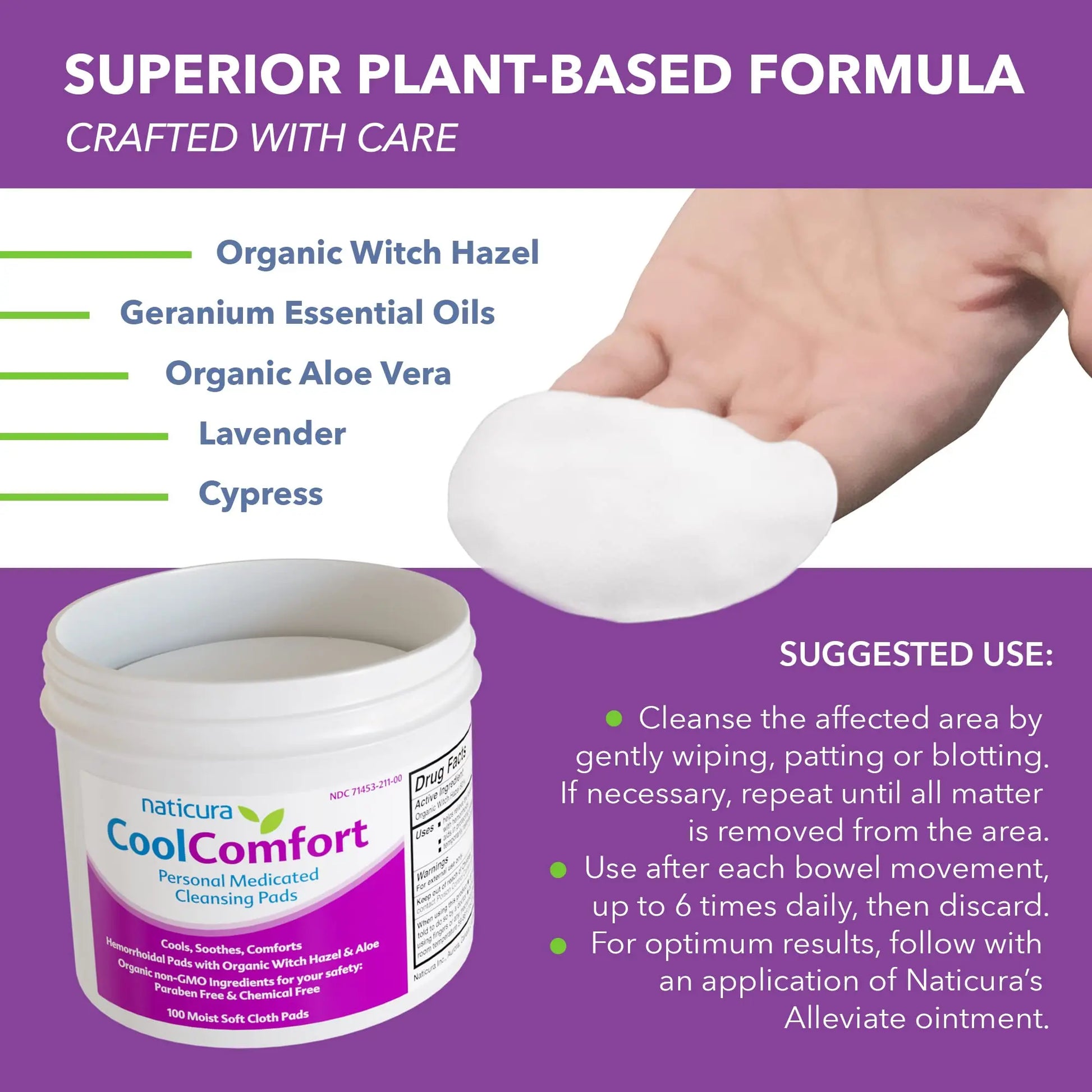 CoolComfort Personal Cleansing Pads with Organic Witch Hazel and Aloe Vera - All Natural and Fast Acting Wipes for Hemorrhoid Burning, Itching, Pain and Swelling - 100 Pads - No Parabens - Made in USA NaticuraAu supplements