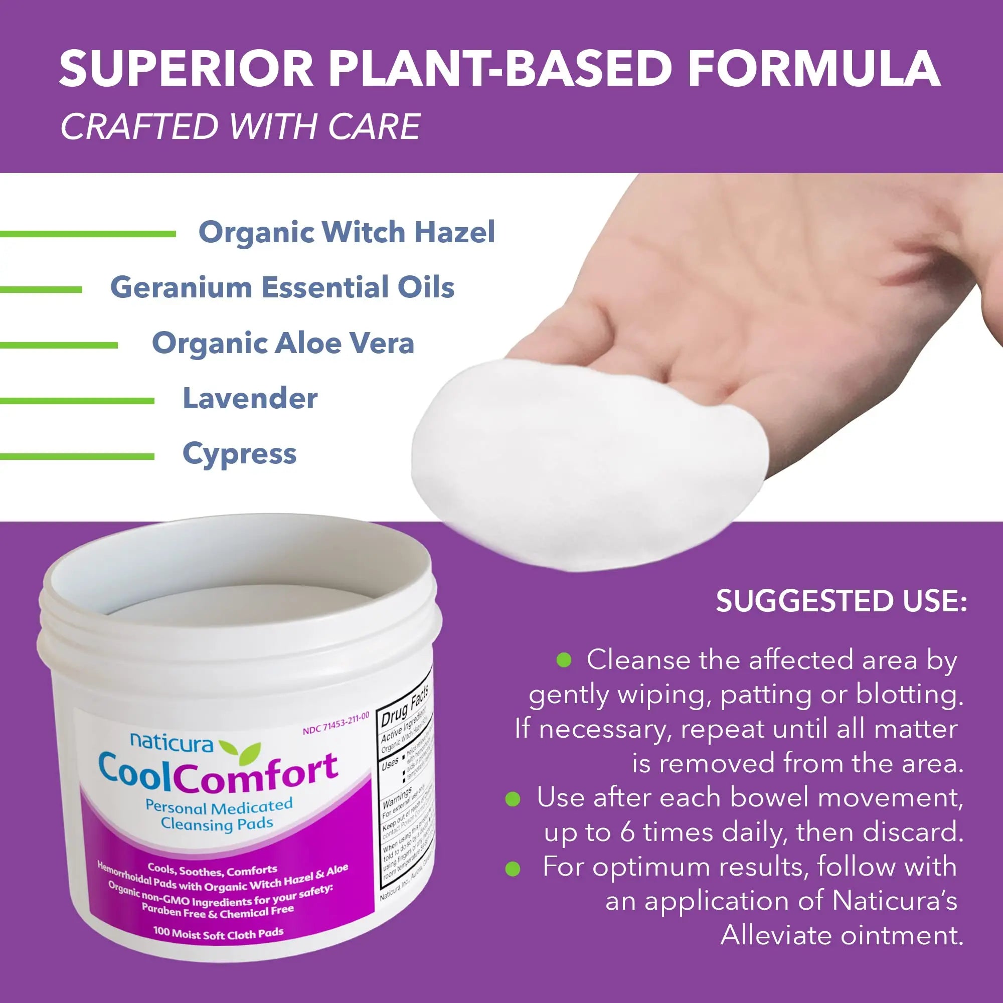 CoolComfort Personal Cleansing Pads with Organic Witch Hazel and Aloe Vera - All Natural and Fast Acting Wipes for Hemorrhoid Burning, Itching, Pain and Swelling - 100 Pads - No Parabens - Made in USA NaticuraAu supplements