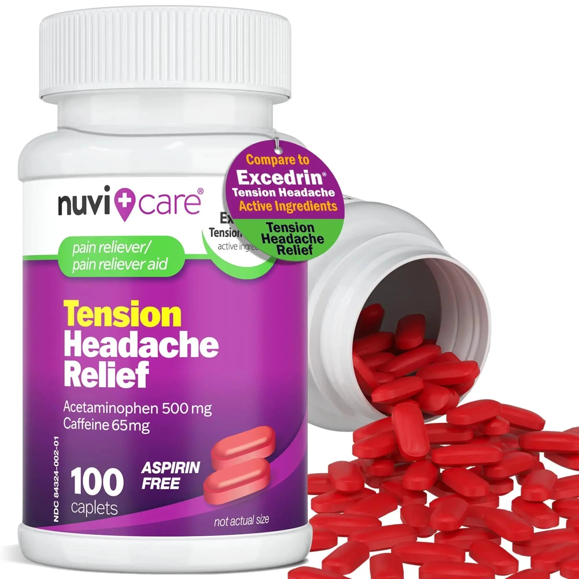 Nuvicare Tension Headache Relief Pills with 500mg Acetaminophen and 65mg Caffeine - Non Aspirin Pain Reliever Aid - Compare to Active Ingredient in Aspirin Free Excedrin Tension Headache (100 Caplets) NUVICAREAu supplements