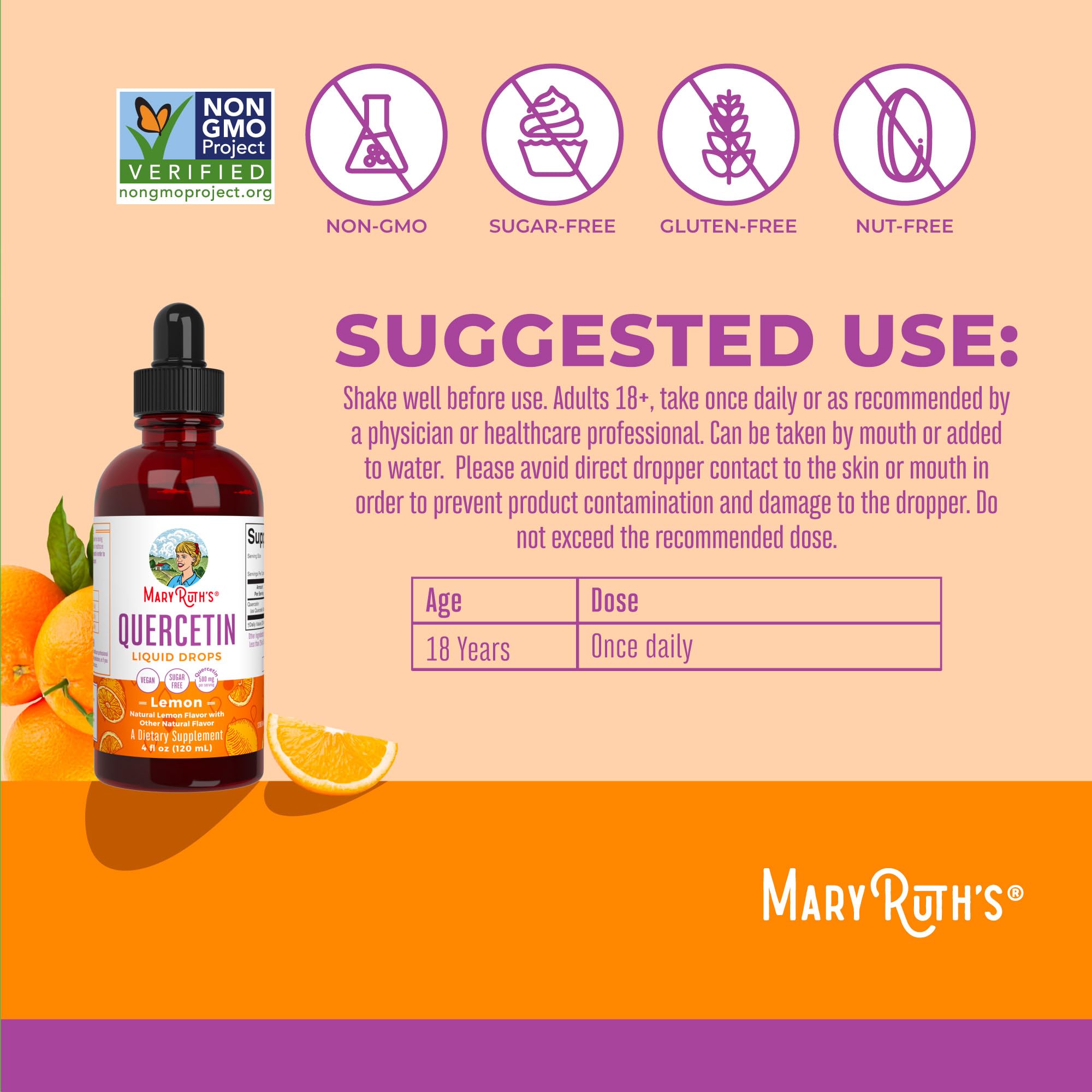 MaryRuth Organics Quercetin Liquid Drops | Sugar Free | 500mg for Adults 18 & Over | Cardiovascular Health for Adults | Bioflavonoid | Vegan | Non-GMO | Gluten Free | 4 Fl Oz MARYRUTH'SUS supplements