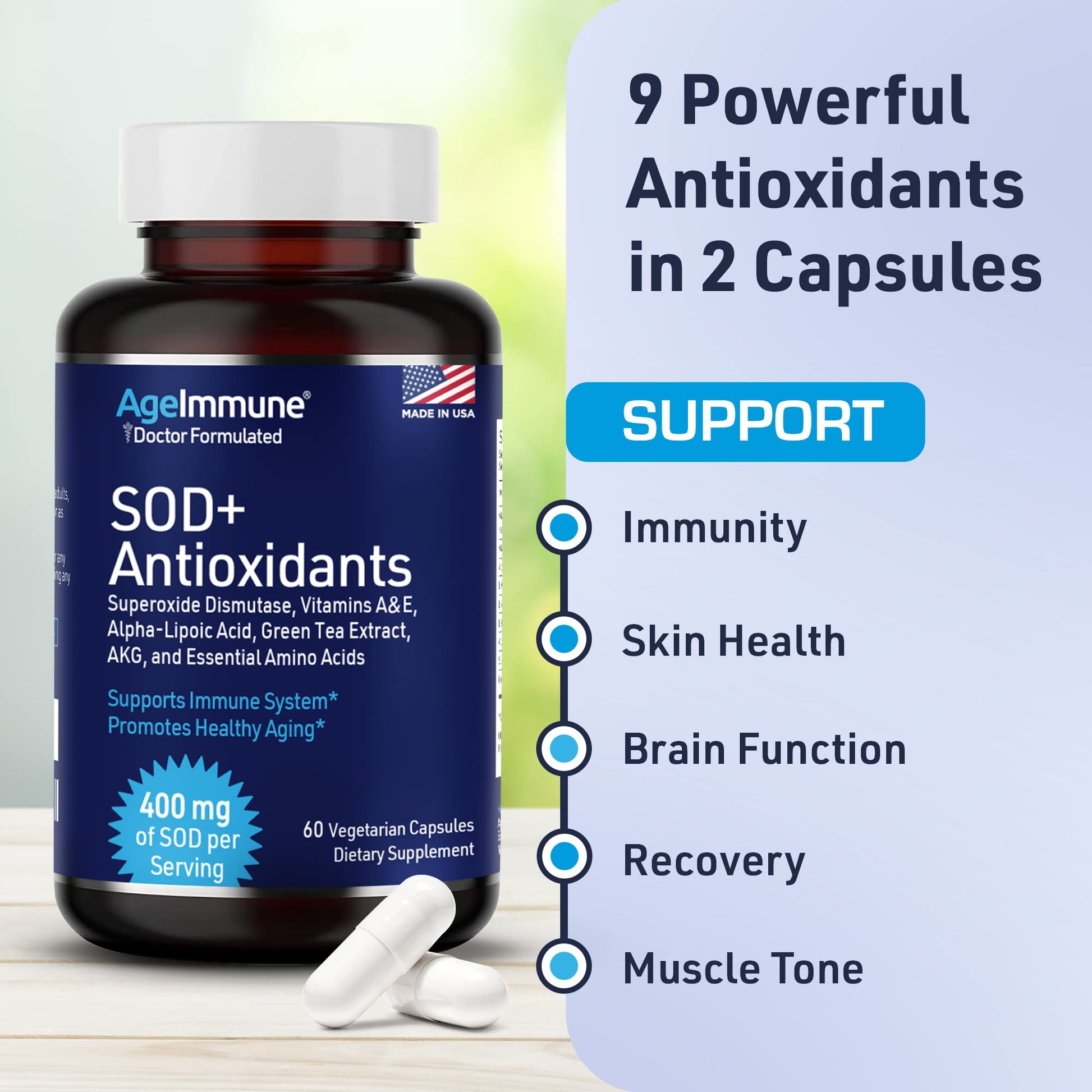 SOD Antioxidants Complex Healthy Aging Supplement - 400mg of Superoxide Dismutase - Alpha Lipoic Acid - L-Arginine -Lysine - AKG - Vitamin A - Vitamin E for Immune Support-60 Capsules AgeImmuneAu supplements