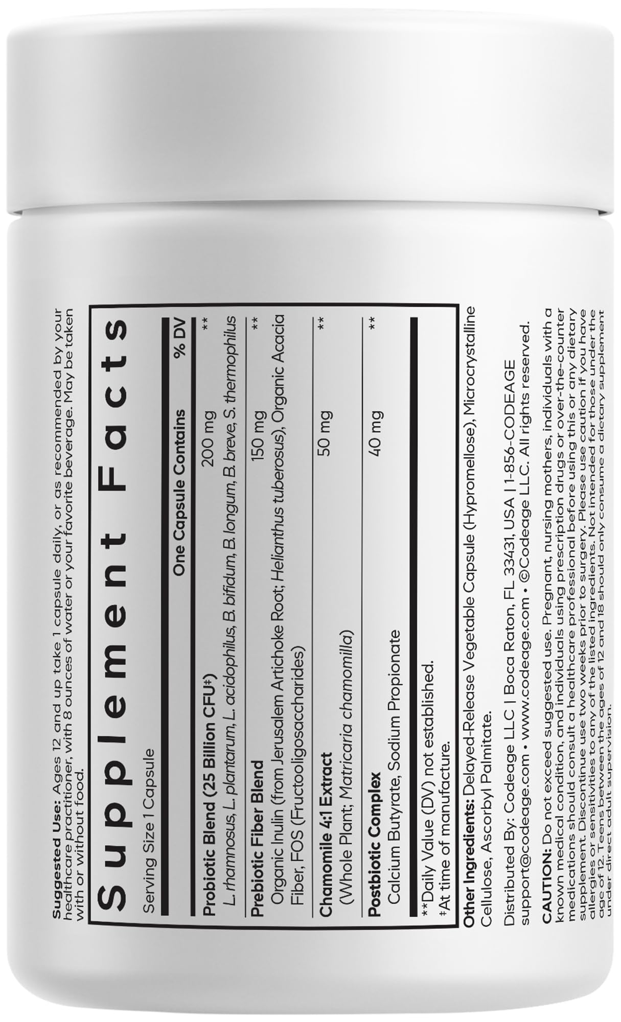 Codeage Teen Probiotic+ Supplement - 25 Billion CFU Probiotic Blend with Prebiotics, Postbiotics & Chamomile - Gut & Digestion Support for Teens and Teenagers 12 & Up - Non-GMO- 30 Capsules CodeageAu supplements