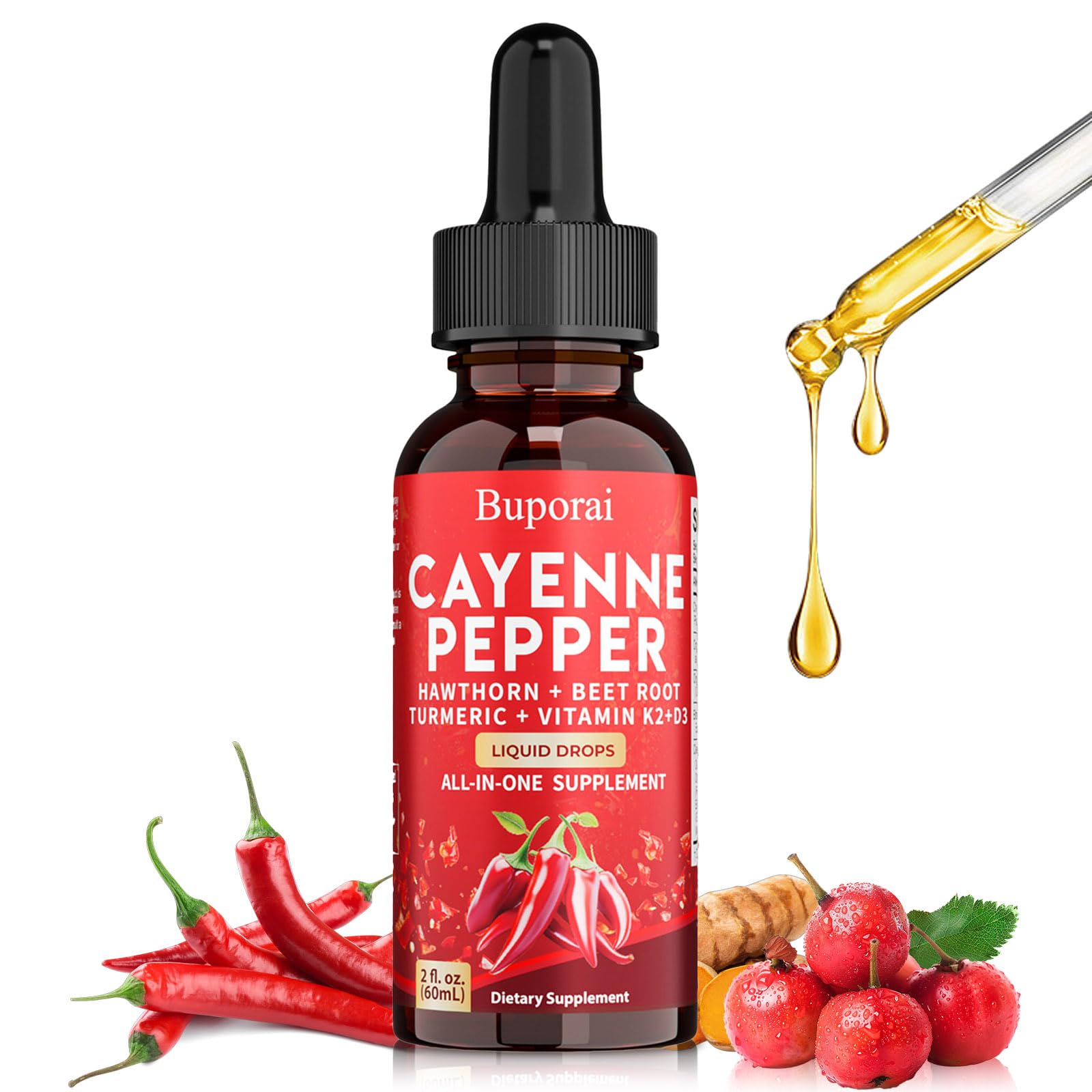Buporai Cayenne Pepper Drops, Cayenne Pepper Extract Liquid Supplement for Overall Well-Being, 2 fl oz, Vitamin D3 K2 Beet Root Powder BuporaiAu supplements