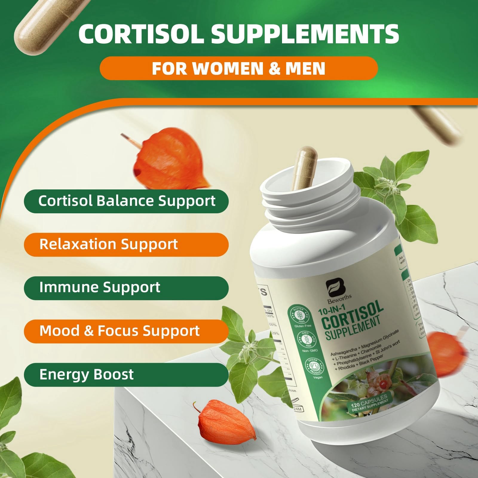 B BEWORTHS Cortisol Supplements for Women Men, 10-in-1 Cortisol Detox with Ashwagandha, Magnesium, L-Theanine, Balanced Cortisol Levels, Night & Calm Support, 120 Vegan Capsules B BEWORTHSAu supplements