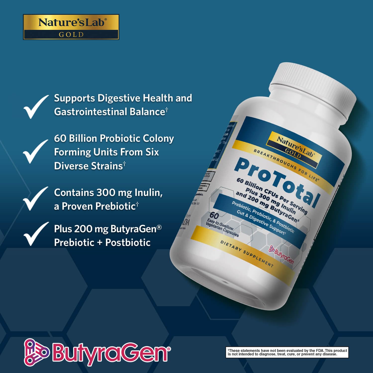 Nature's Lab Gold ProTotal - 60 Billion CFU Probiotic, Prebiotic, Postbiotic, Synbiotic - with Butyragen (Direct Butyrate Generator) 60 Ct Nature's LabAu supplements