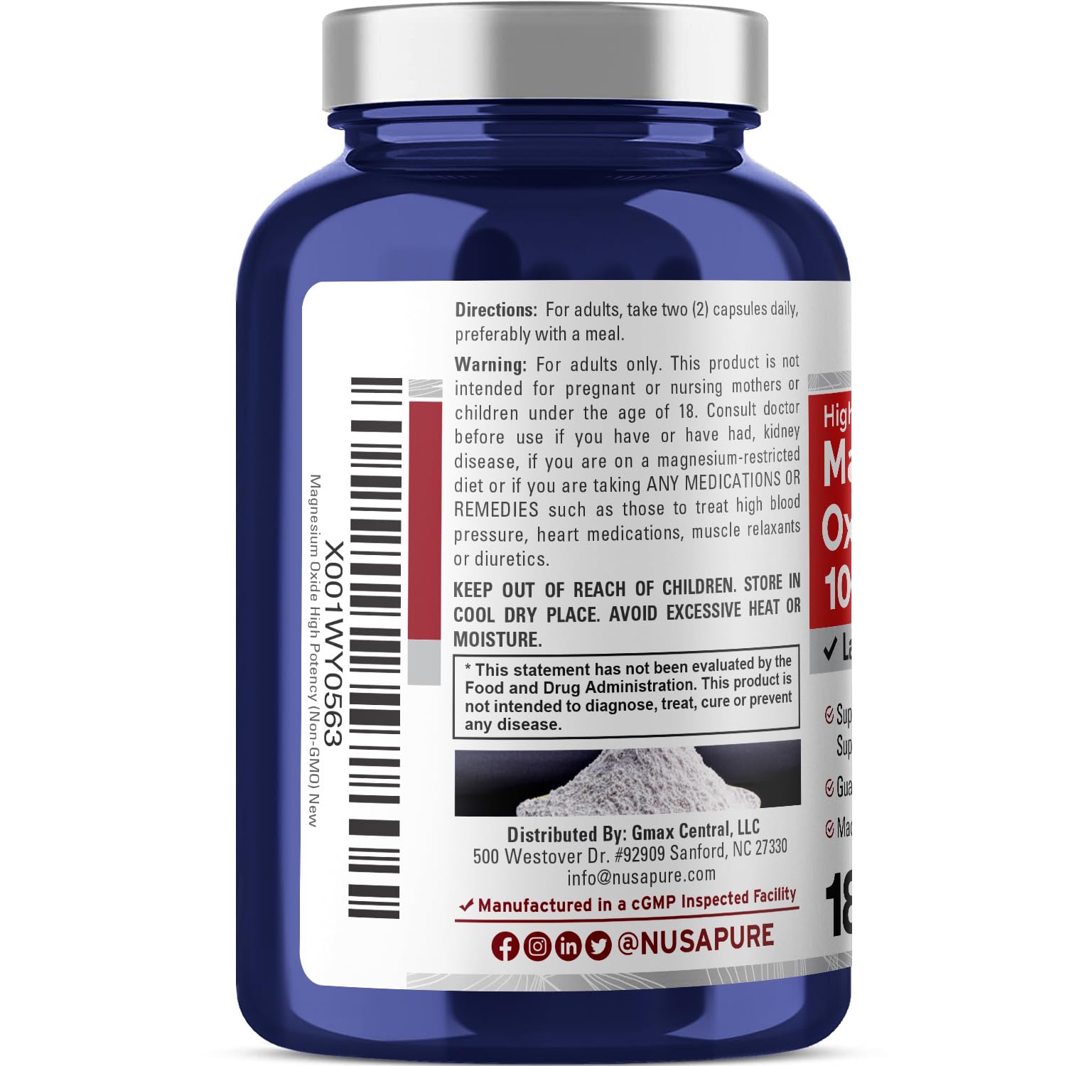NusaPure Magnesium Oxide 1,000mg per Serving 180 Veggie Caps (Non-GMO, Vegan) NusaPureAu supplements