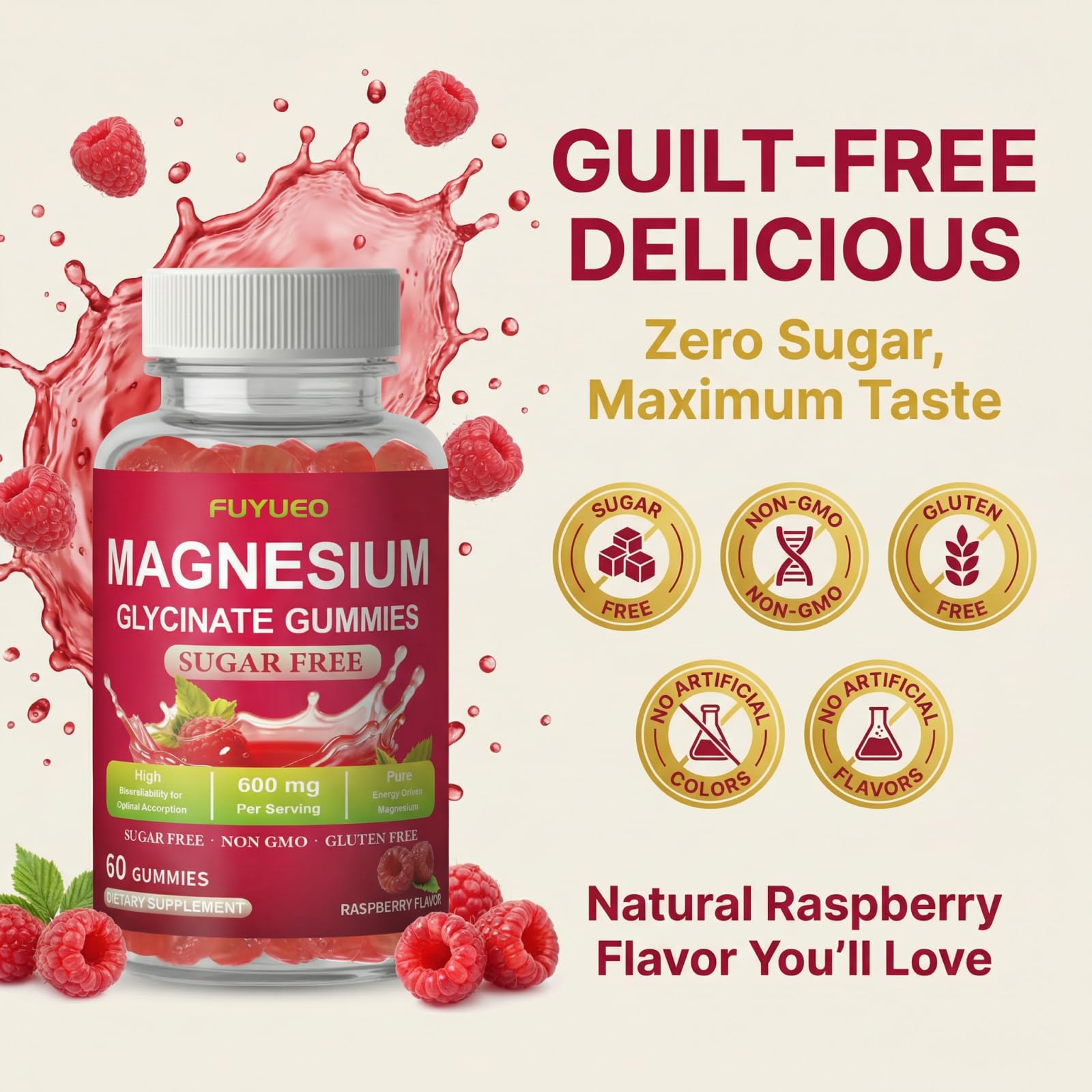 FUYUEO Magnesium Glycinate Gummies for Sleep & Relaxation, Sugar Free High Absorption Magnesium Supplement for Men & Women, Gentle on Stomach, Chewable, Raspberry, 60 Count (Pack of 1) FUYUEOAu supplements