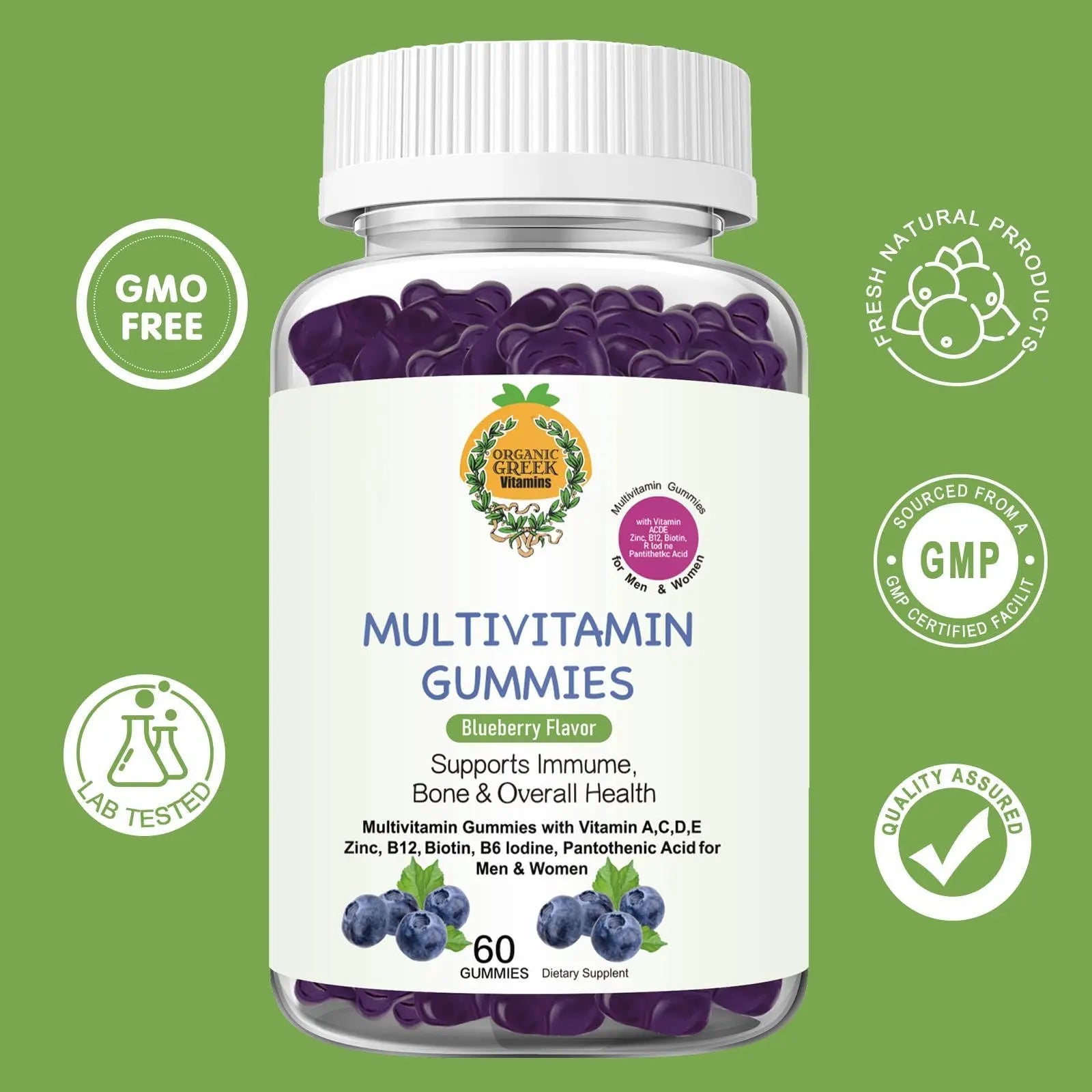 Organic Greek® Multivitamin Gummies with Vitamin A, C, D, E, Zinc, B12, Biotin, B6, Iodine, Pantothenic Acid for Men & Women Organic GreekAu supplements
