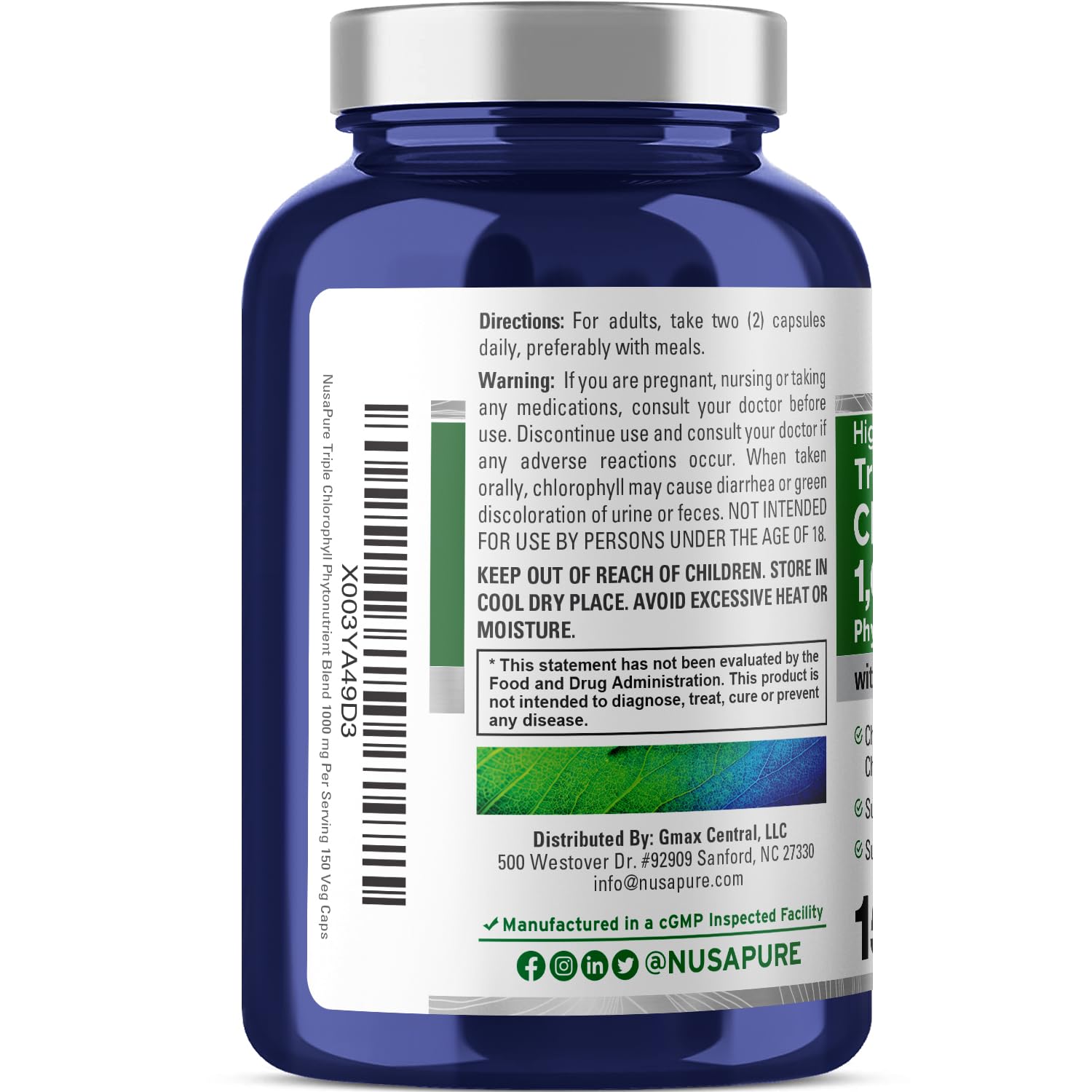 NusaPure High Absorption Triple Chlorophyll 1000 mg 150 Veg Caps Suitable for Vegetarians and Vegans, Non-GMO NusaPureAu supplements