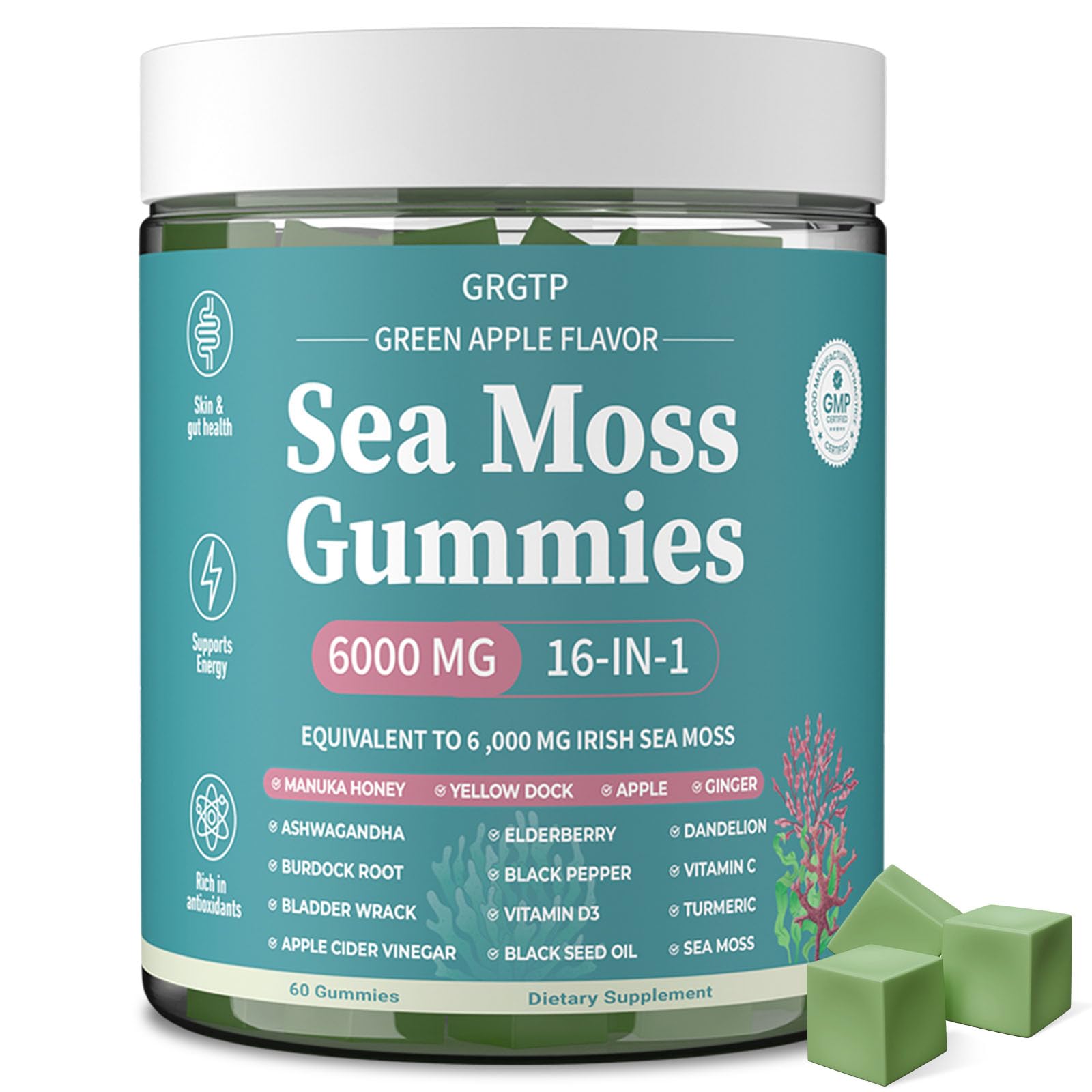 Sea Moss Gummies 16-in-1 - Ashwagandha Black Seed Oil Bladder Wrack Turmeric Vitamin C & D3 with Manuka Burdock Root Dandelion Yellow Dock Natural Detox & Liver Health Immune Support, Energy Boost GRGTPAu supplements