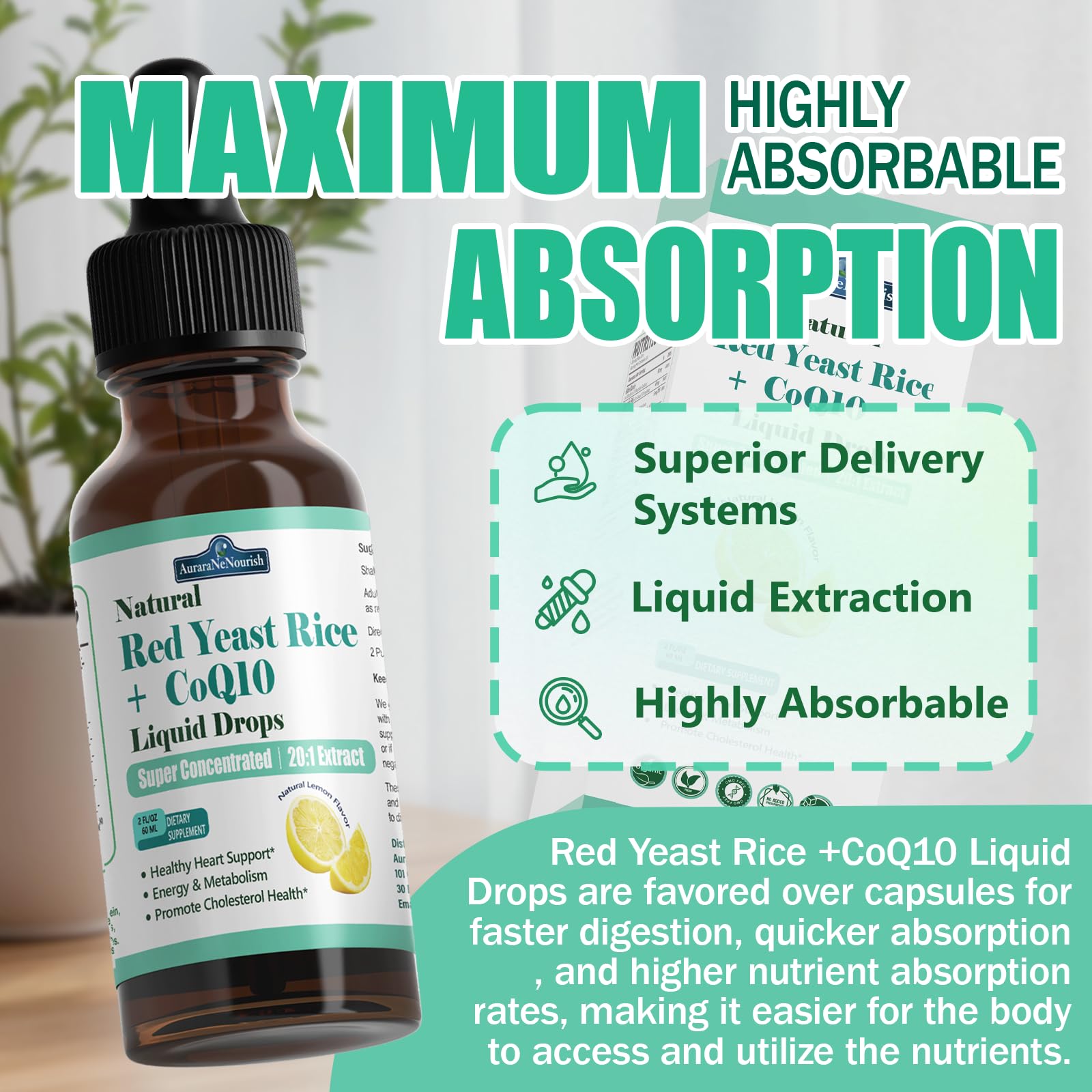 Liposomal Red Yeast Rice with Coq10 Liquid Drops, 5-in-1 Extra Strength 1200mg Cholesterol & Heart Support w. Citrus Bergamot Alpha Lipoic Acid | Cholesterol Lowering Supplement | GMO & Citrinin Free AuraraNeNourishAu supplements