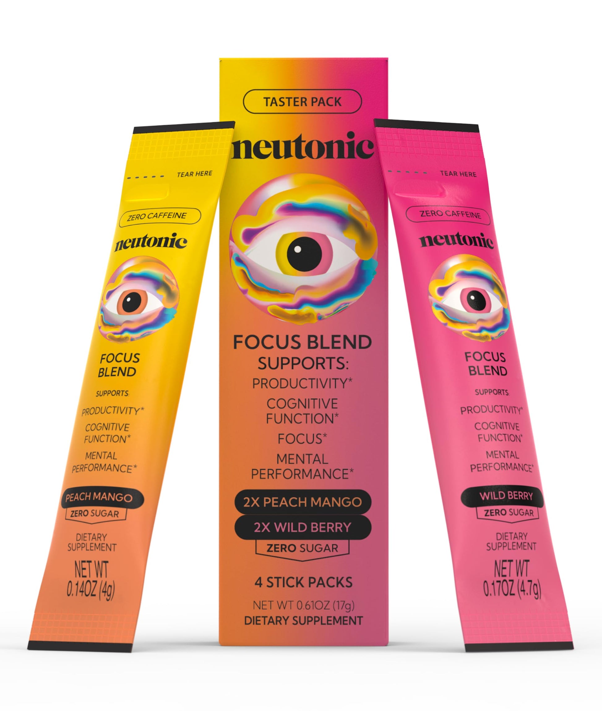 Neutonic Nootropic Focus Blend Powder | Peach Mango & Wild Berry 4 Sticks | Caffeine Free, Zero Sugar | Support Memory, Mental Clarity, Cognitive Function | Boost Focus, Energy, Brain Health NeutonicAu supplements