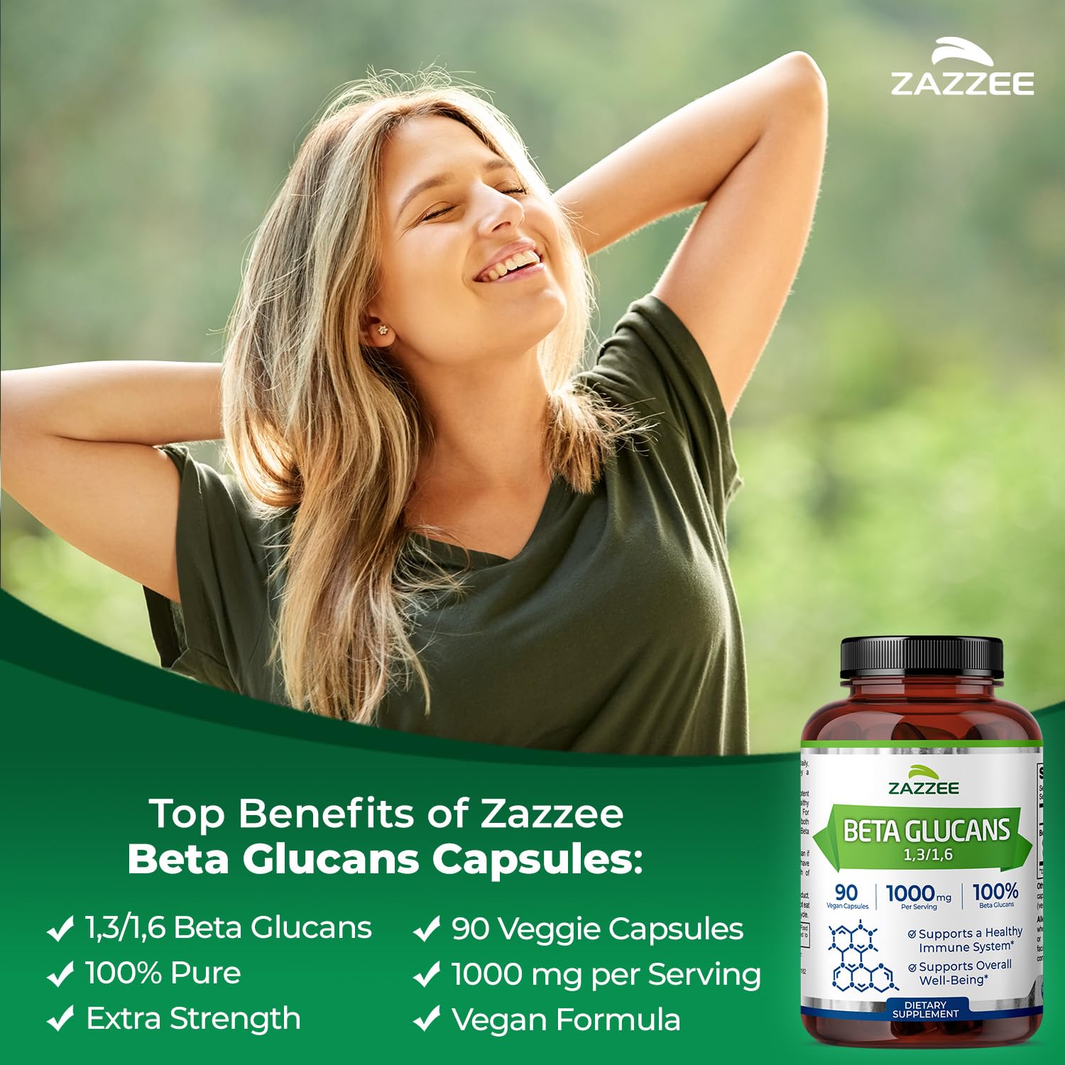 Zazzee Extra Strength 1,3/1,6 Beta Glucans, 1000 mg, 100% Concentrated, 90 Vegan Capsules, Supports a Healthy Immune System, 100% Vegetarian, All-Natural and Non-GMO ZazzeeAu supplements