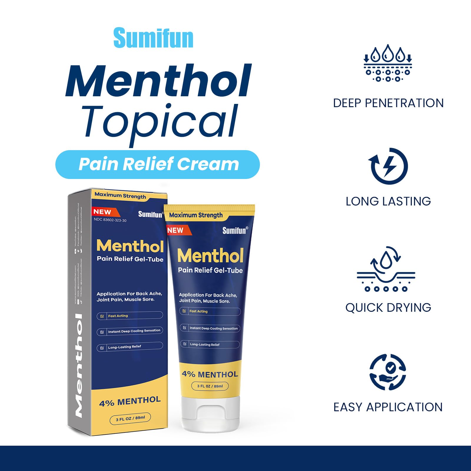 Sumifun Menthol Pain Relief Gel-Tube-3 FL OZ Tube (Pack of 2)- for Knee & Lower Back, Sore Muscle, Neck Shoulder Pain Relief SumifunAu supplements