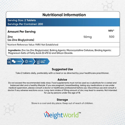High Strength Zinc Tablets 50mg – 400 Vegan Zinc Bisglycinate Tablets 6+ Months WeightWorldUS supplements
