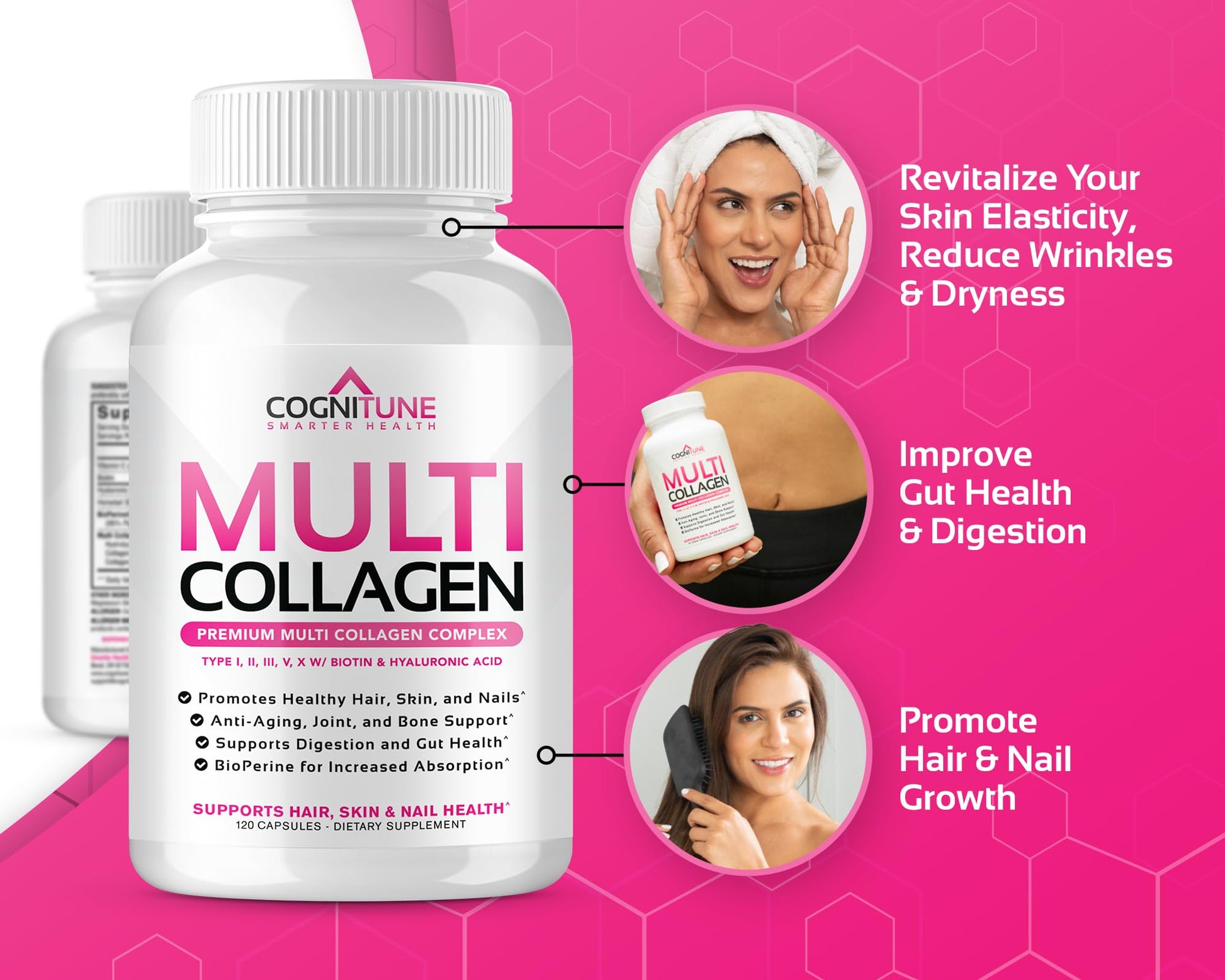 CogniTune Multi Collagen Peptides for Women with Biotin, Hyaluronic Acid, Vitamin C - 5 Types I II III V X Colageno Hidrolizado - 2000mg Hair Skin Nails Joints Support - 120 Capsules CogniTuneAu supplements