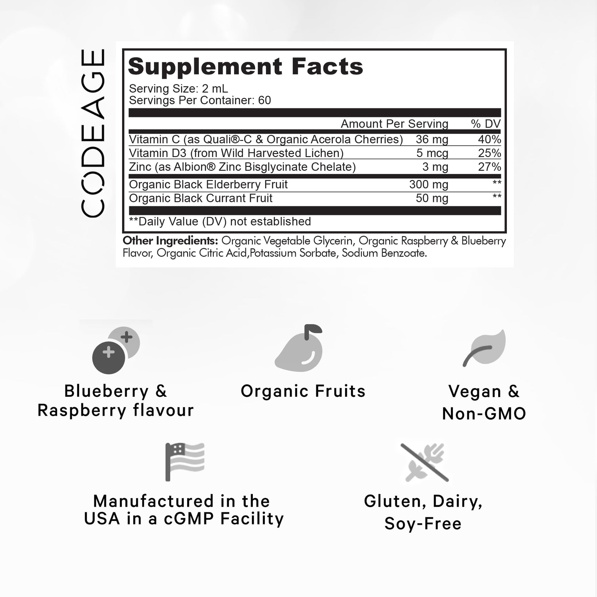 Codeage Elderberry Vitamins Pro - Organic Black Elderberry Liquid Drops - Vitamin C, D3, Zinc, Black Currant - 2-Month Supply - Black Sambucus Liquid - Supplement for Adults & Kids - 4 fl oz CodeageAu supplements