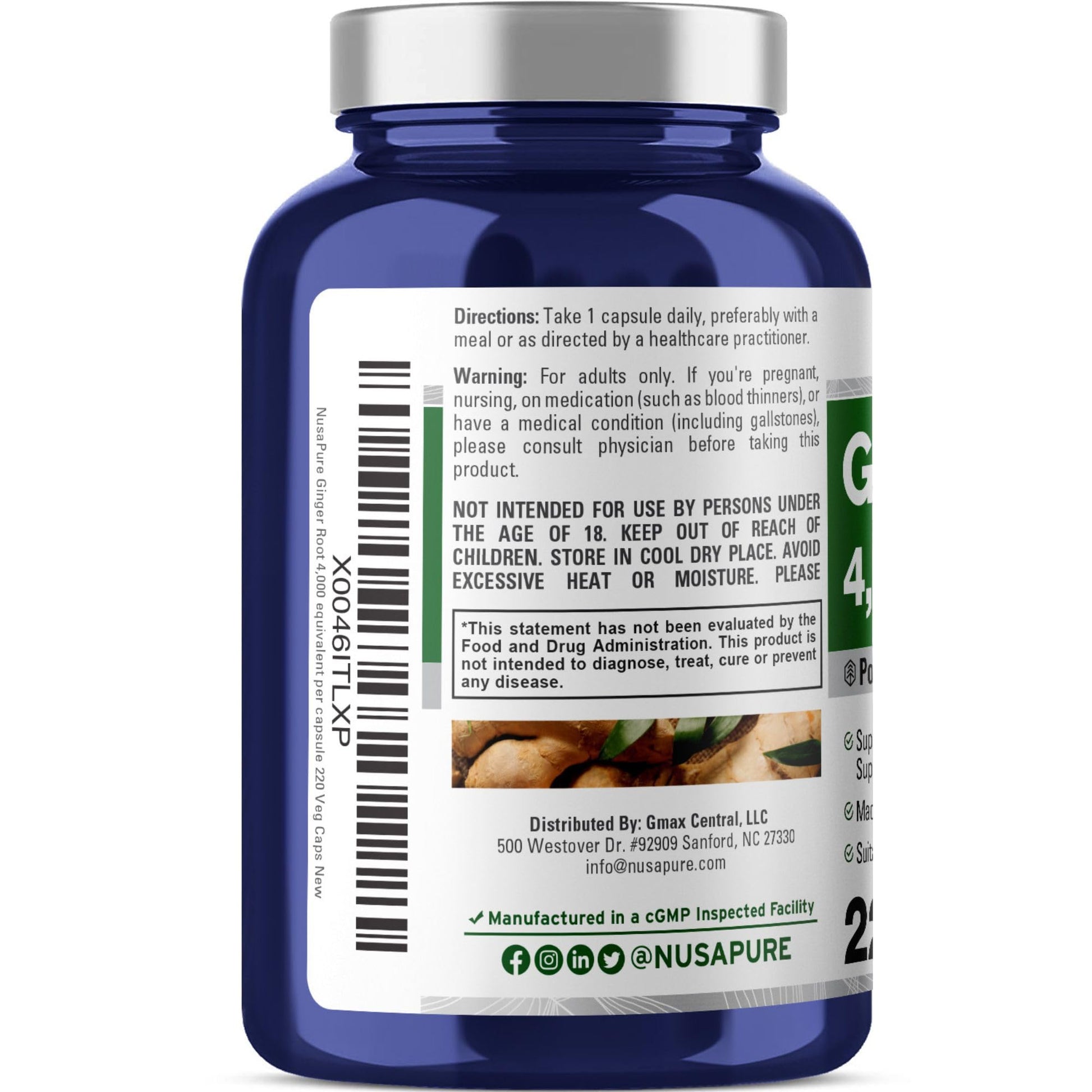NusaPure Ginger Root Capsules 20:1 Extract, 200 mg Equivalent to 4,000mg per Veggie Caps | 220 Count | Non-GMO & Vegan NusaPureAu supplements