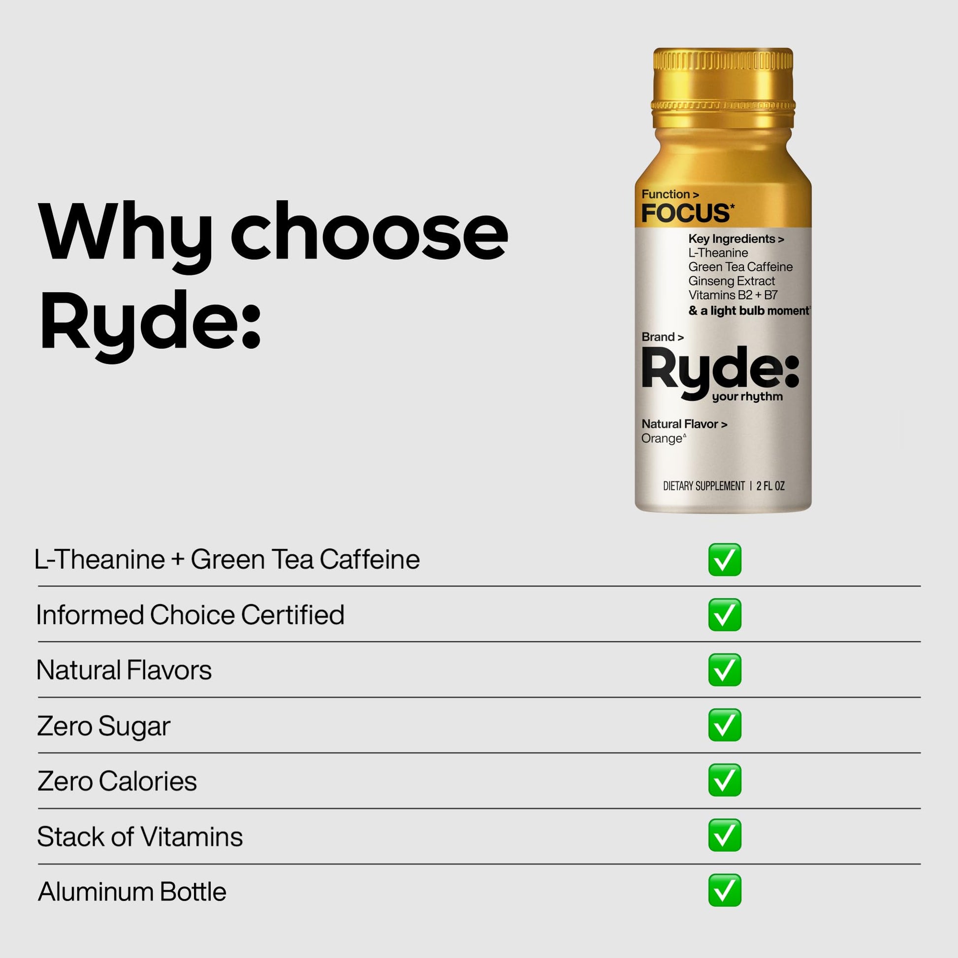 Ryde: Focus Shot | Orange Flavor | L-Theanine & Ginseng | Green Tea Caffeine | Vitamins B2 & B7 | 0 Calories, 0 Sugar | 2 FL OZ Shots | Supports Focus* (8 Pack) RYDEAu supplements