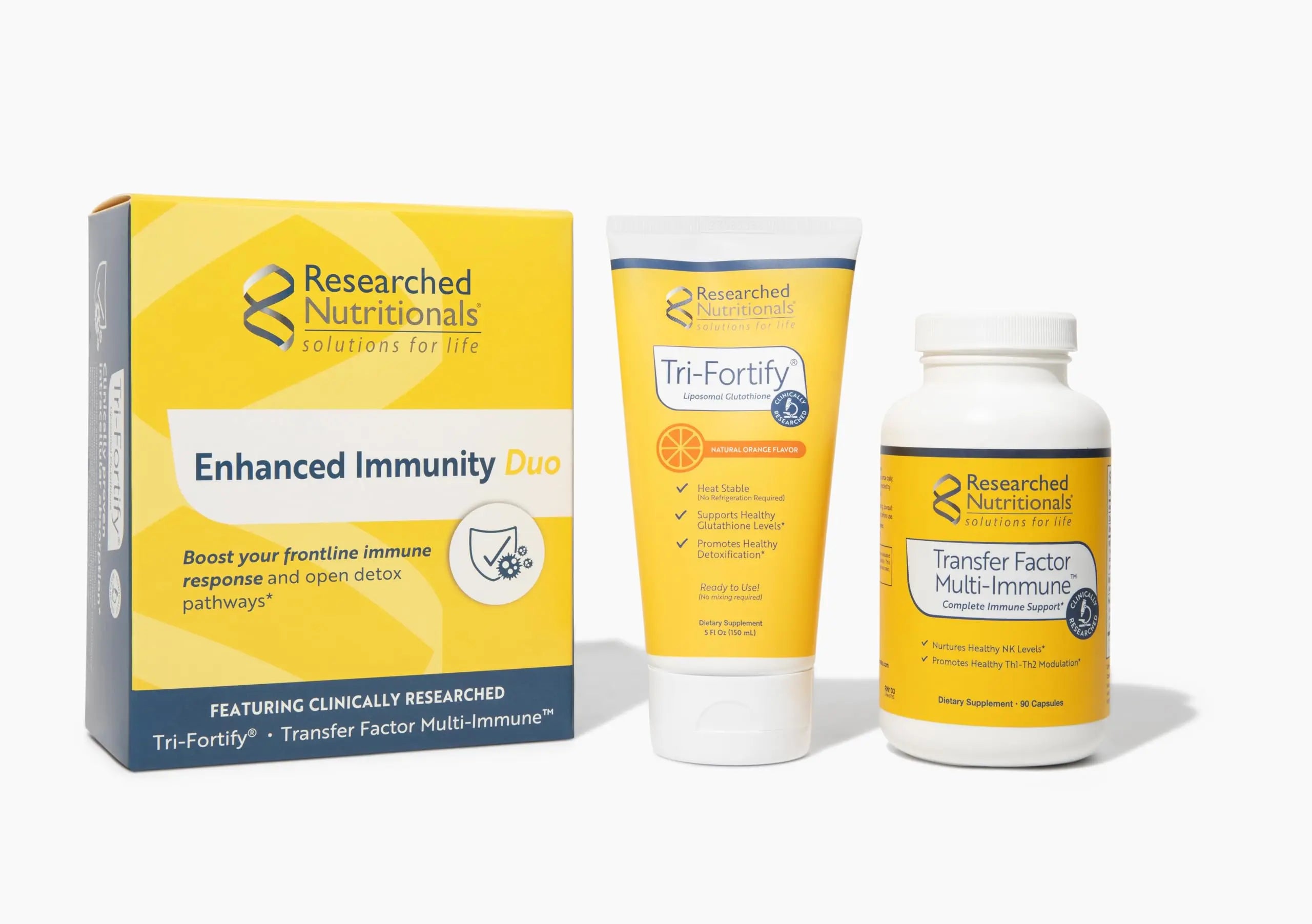 Researched Nutritionals Liposomal Glutathione (450mg) + Colostrum & Mushrooms Supplement for Immune Support - Enhanced Immunity Duo - Tri-Fortify Orange + Transfer Factor Multi-Immune (2 Piece Set) Researched Nutritionalsnz supplements