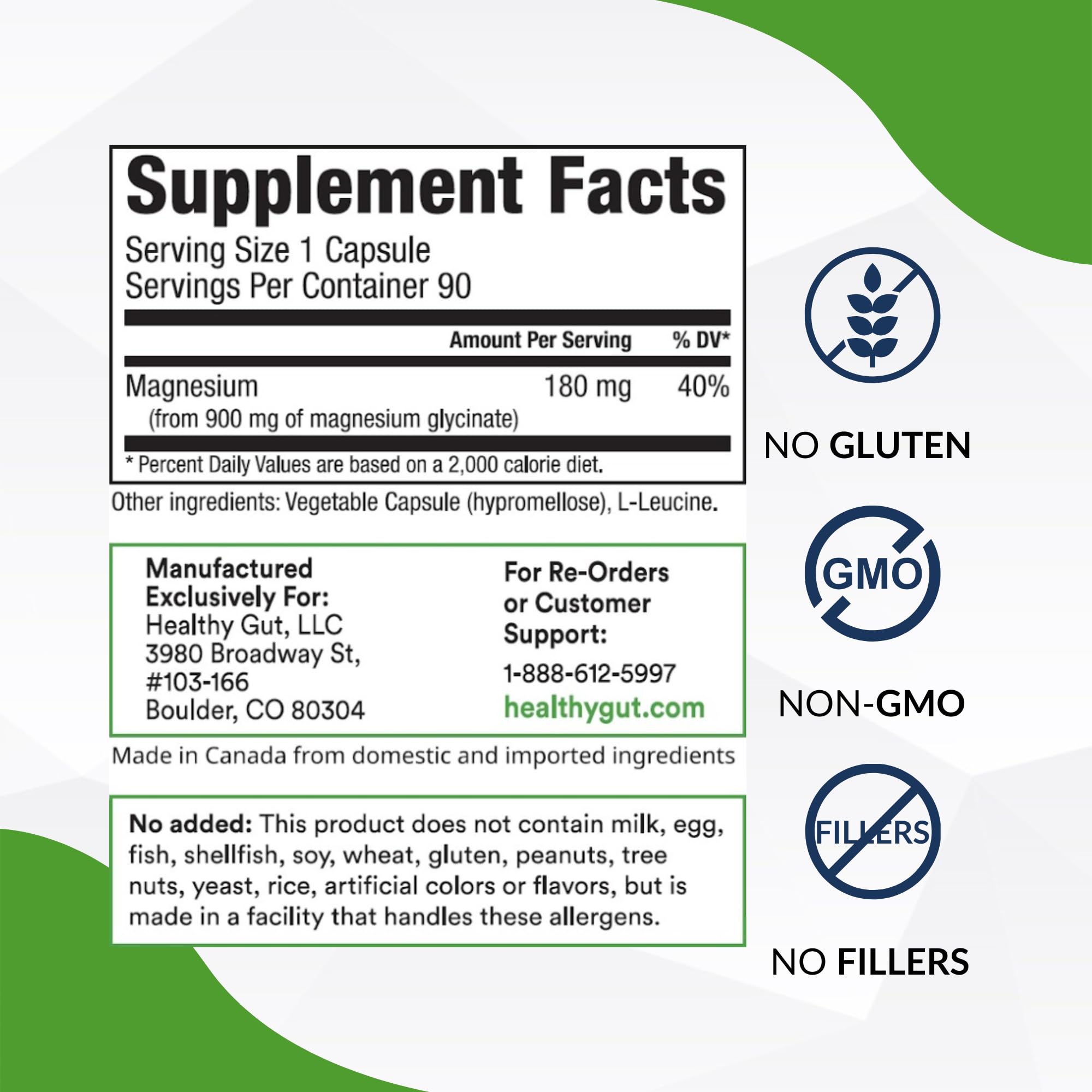 Healthy Gut Magnesium-HP | Ultra Pure Magnesium Glycinate Capsules with Zero Fillers | 180 mg Magnesium Glycinate | 90 Servings Healthy GutAu supplements