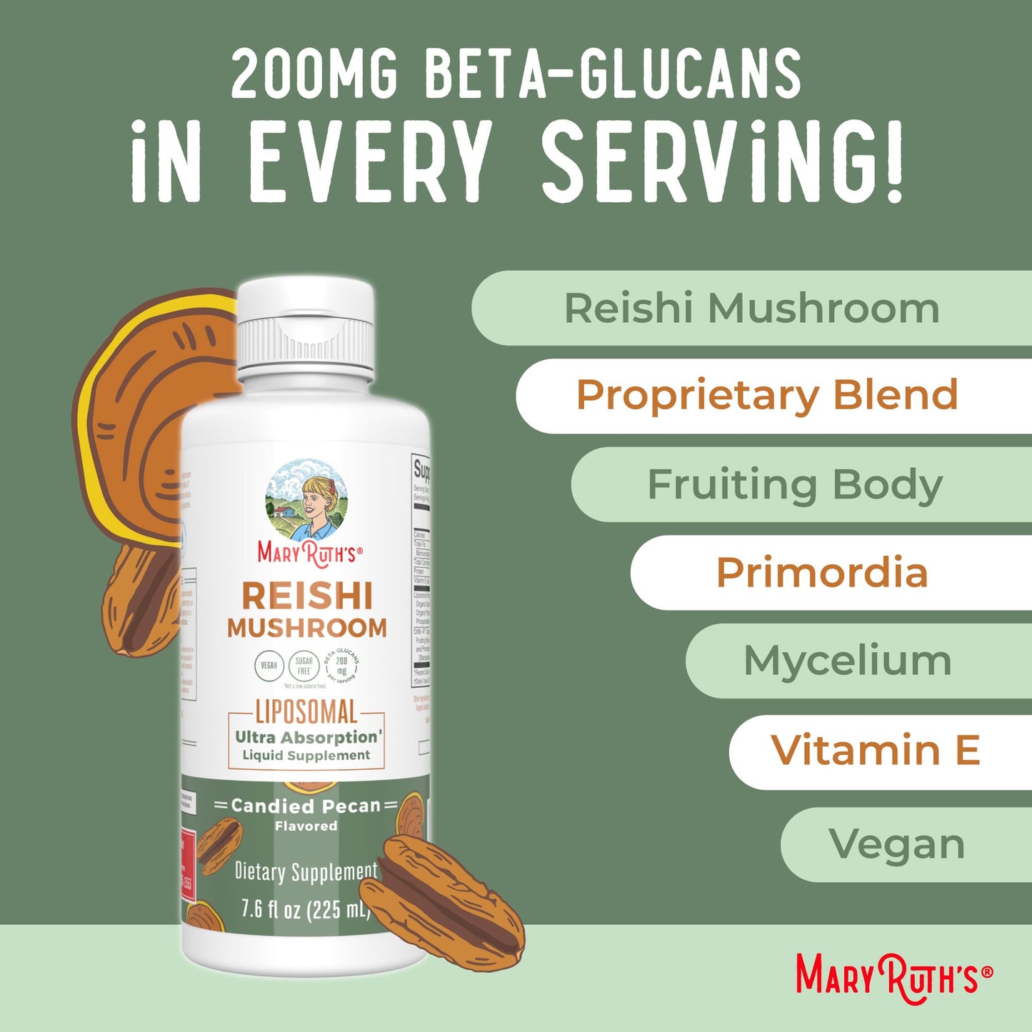 MaryRuth Organics Reishi Vegan Mushroom Supplement | Ultra Absorption Liposomal | Immune Support with 200mg Beta-Glucans, Vegan |Full Spectrum Reishi Mushrooms Fruiting Body | 7.6 oz, MARYRUTH'SUS supplements