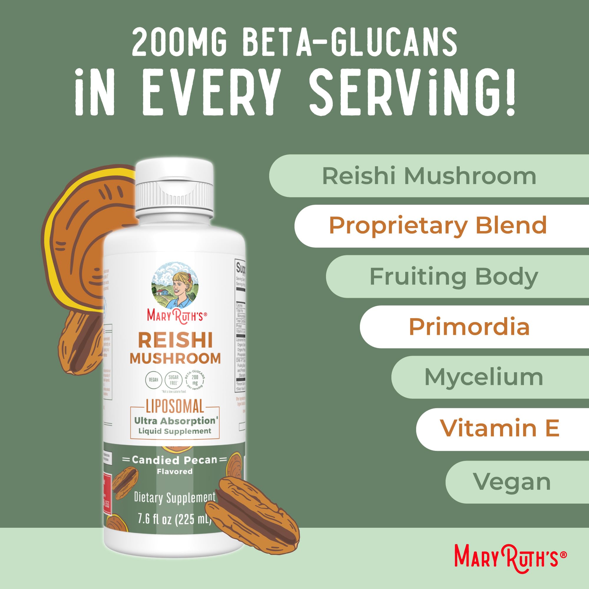 MaryRuth Organics Reishi Vegan Mushroom Supplement | Ultra Absorption Liposomal | Immune Support with 200mg Beta-Glucans, Vegan |Full Spectrum Reishi Mushrooms Fruiting Body | 7.6 oz, MARYRUTH'SUS supplements