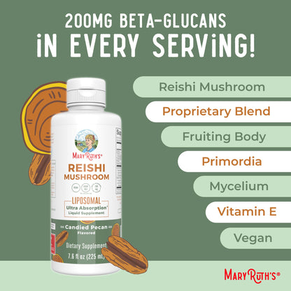 MaryRuth Organics Reishi Vegan Mushroom Supplement | Ultra Absorption Liposomal | Immune Support with 200mg Beta-Glucans, Vegan |Full Spectrum Reishi Mushrooms Fruiting Body | 7.6 oz, MARYRUTH'SUS supplements