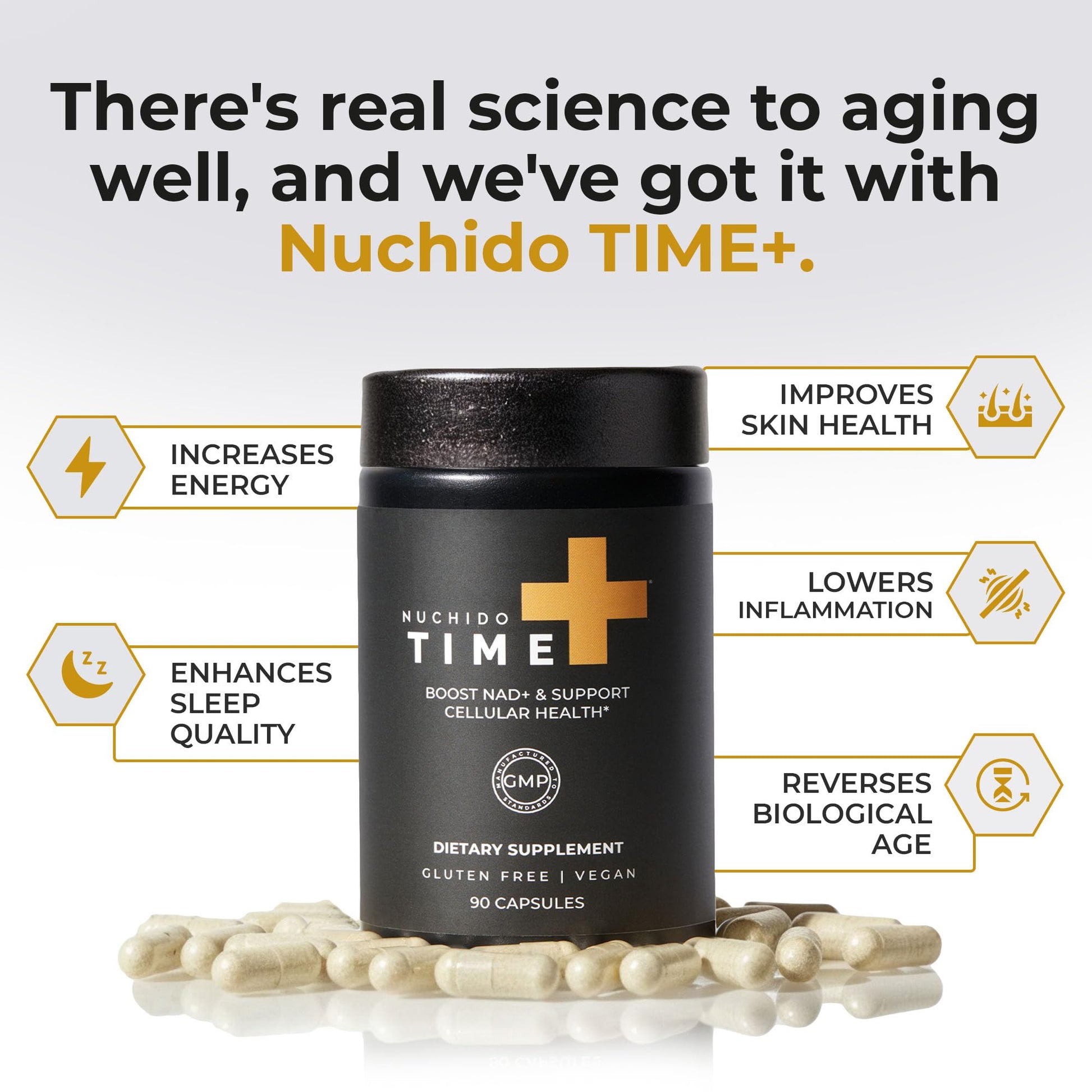 Nuchido Time+ NAD Supplement for Men & Women - Advanced Formula for Healthy Aging, Energy, Focus, Cellular Health & Longevity - Nicotinamide, Alpha Lipoic Acid, Quercetin - 90 Capsules Nuchido Time+Au supplements