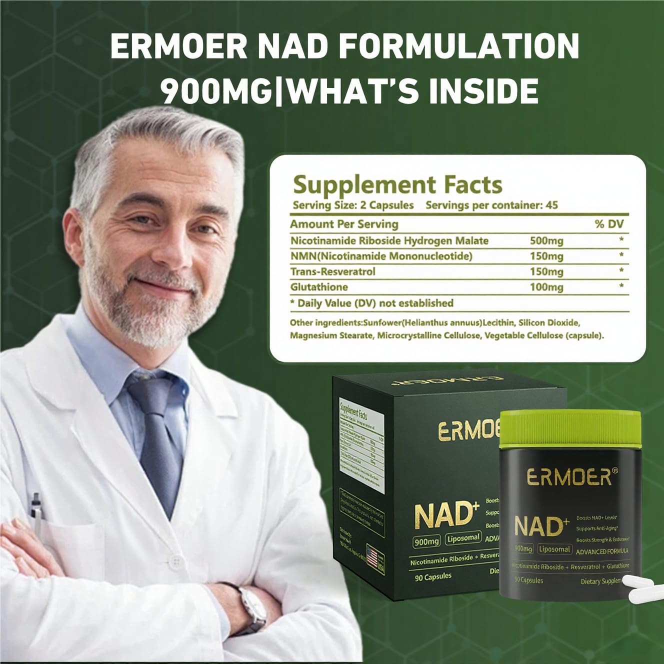 ERMOER NAD Liposomal Nicotinamide Riboside with Resveratrol & Quercetin 900mg, NAD Resveratrol Supplement for Anti Aging, Energy, Antioxidant, Focus (90 Count) ERMOERAu supplements