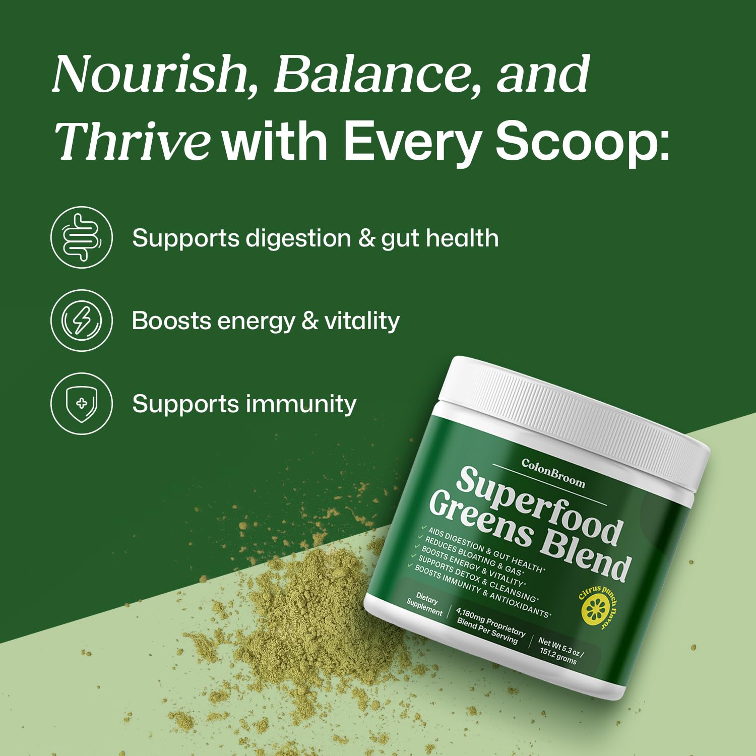 ColonBroom Superfood Greens Powder Supplement | Super Greens Juice Powder with Probiotics, Prebiotics, Spirulina & Chlorella | Natural for Energy, Immunity, Digestion & Detox Support | 28 Servings ColonBroomAu supplements