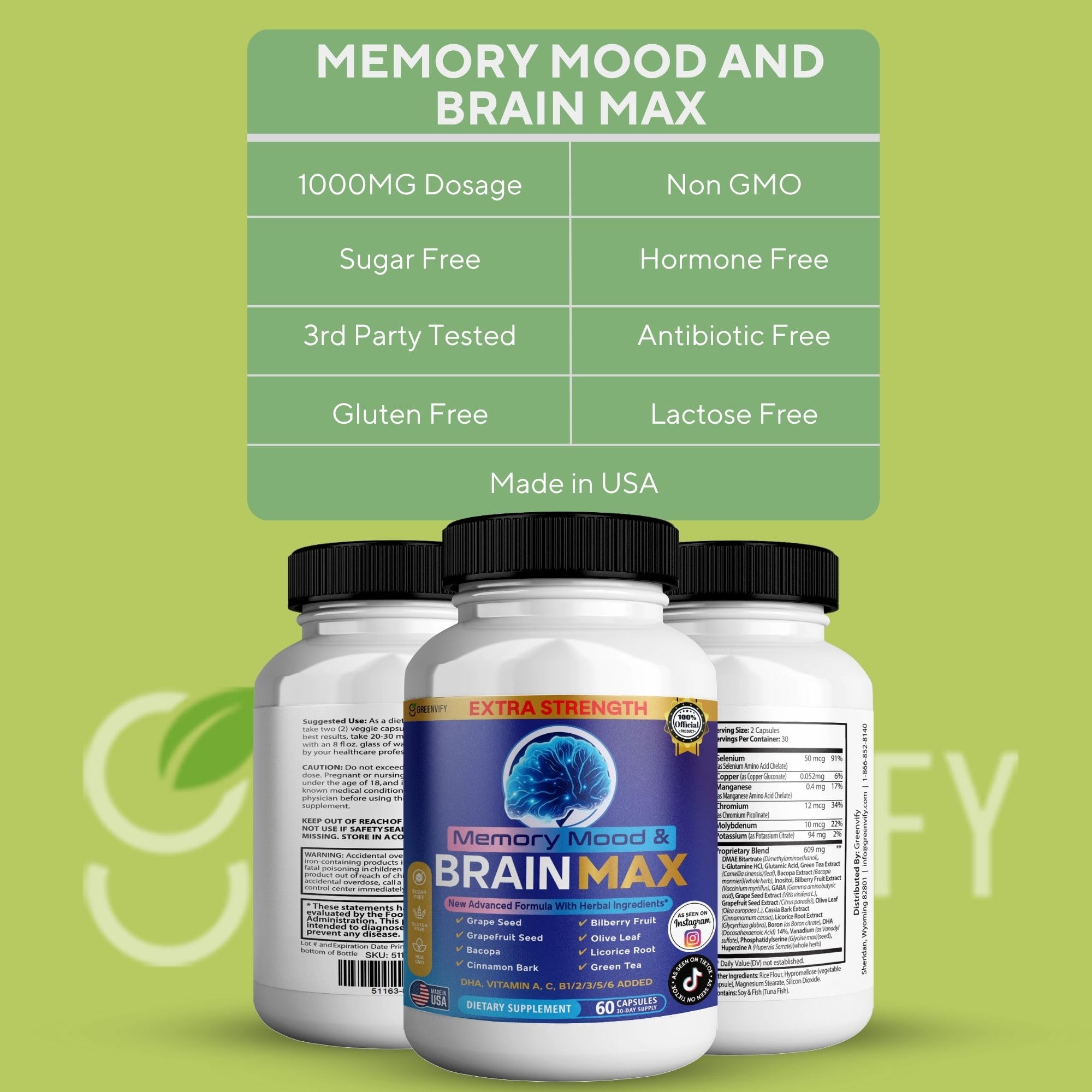 Memory, Mood & Brain Max Extra Strength Supplement with Herbal Ingredients, 60 Capsules, DHA, Vitamins, Bacopa, Green Tea (1) GREENVIFYAu supplements